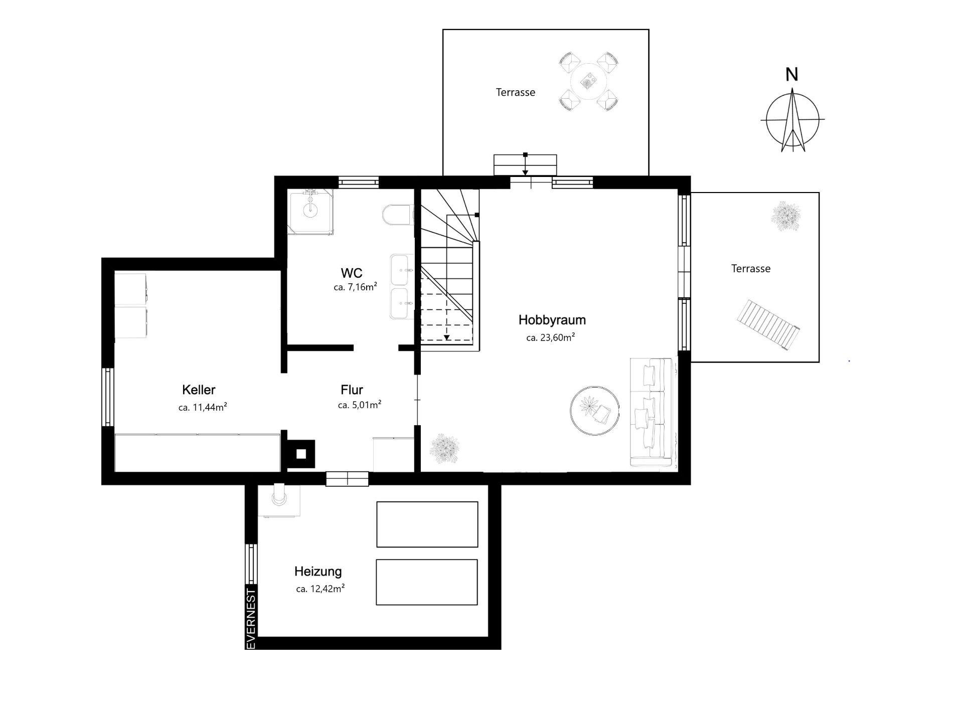 Grundriss mit Keller, Heizung, WC, Flur, Hobbyraum und zwei Terrassen.