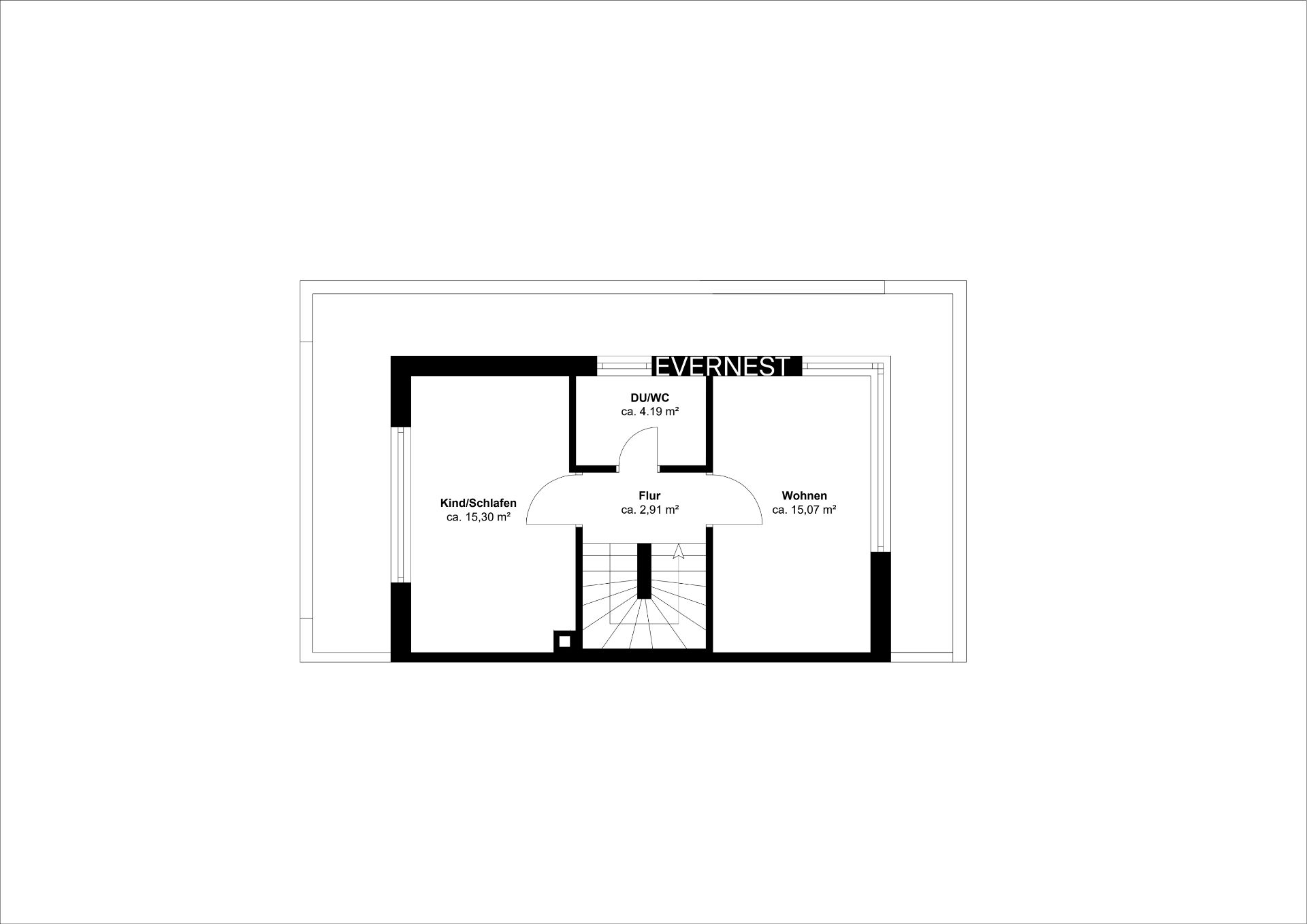 Grundriss mit Zimmern: Kind/Schlafen, Wohnen, Flur und DU/WC sowie Treppe.