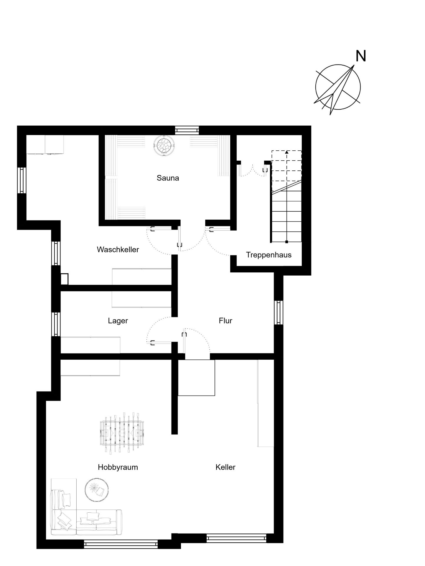 Grundriss eines Kellers mit Sauna, Lagerraum, Waschraum, Hobbyraum und Treppenhaus.