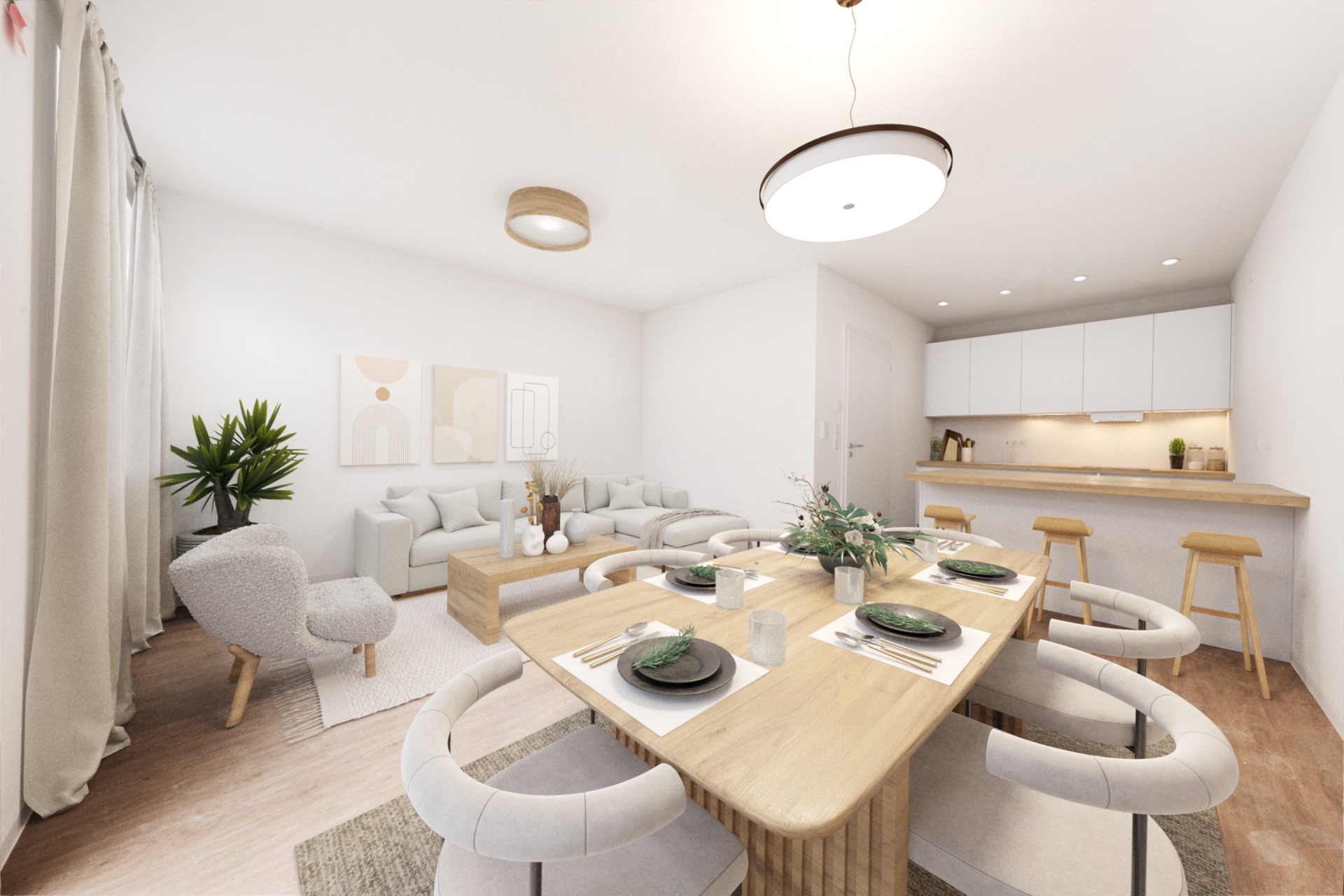 Helles Wohnzimmer mit Esstisch, Stühlen, Sofa, Couchtisch und offener Küche mit Barhockern.