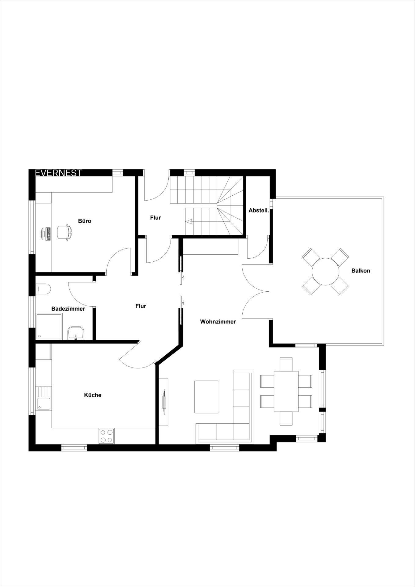 Grundriss einer Wohnung mit Wohnzimmer, Küche, Büro, Badezimmer, Abstellraum und Balkon.