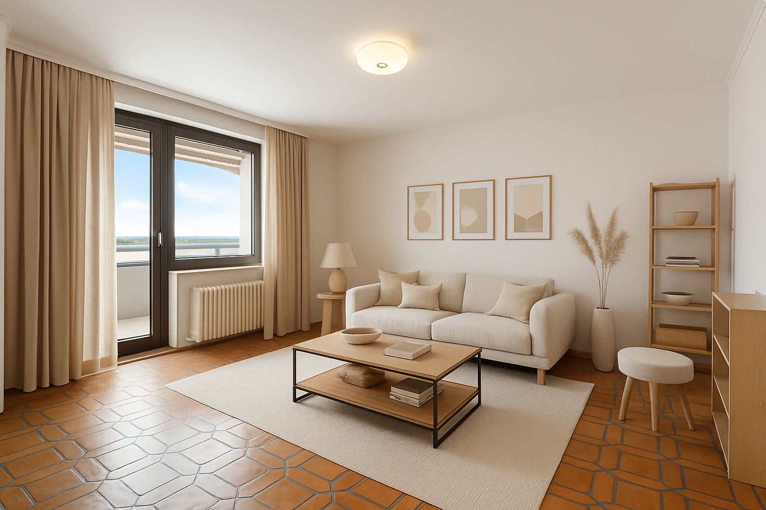 Helles Wohnzimmer mit Sofa, Couchtisch, Regal, Stehlampe und großem Fenster mit Vorhängen.
