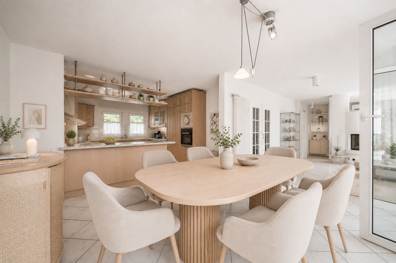 Helles Esszimmer mit großem Holztisch, sechs Stühlen und offener Küche im Hintergrund.