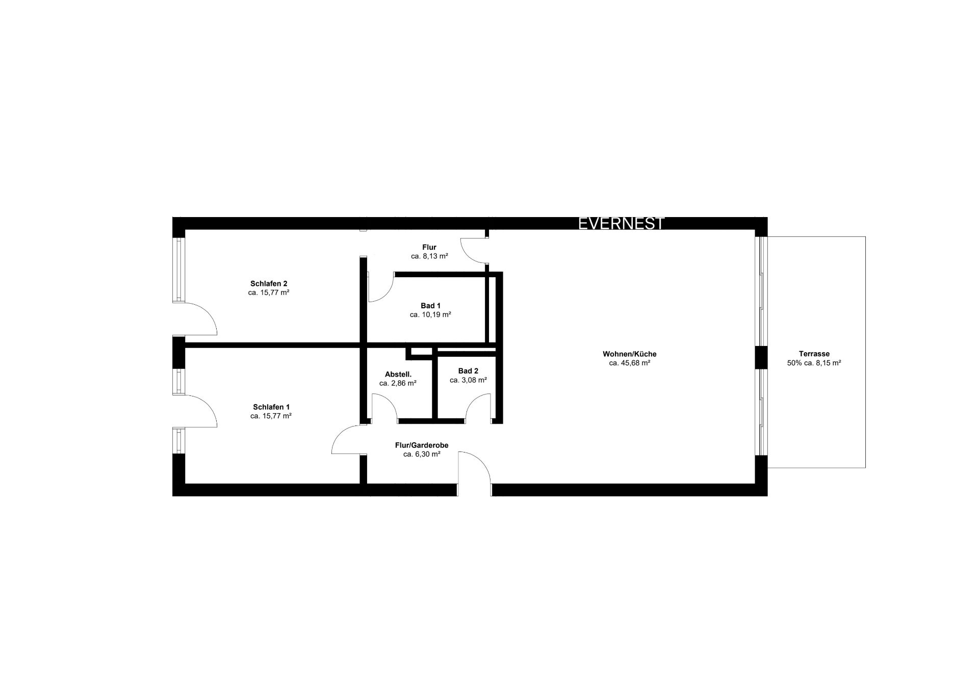 Grundriss einer Wohnung mit zwei Schlafzimmern, zwei Bädern, Abstellraum, Wohnküche und Terrasse.
