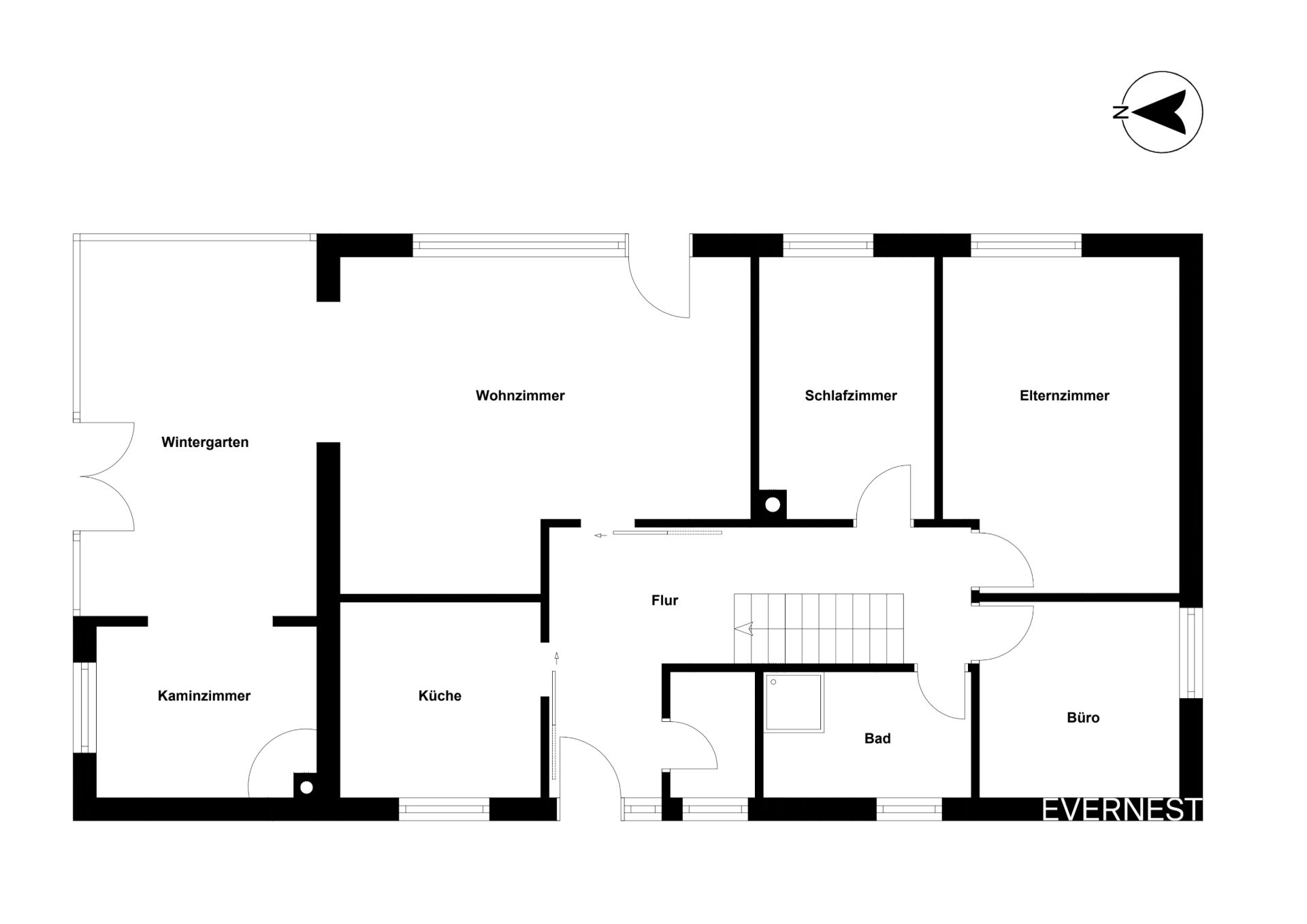 Grundriss mit Wohnzimmer, Schlafzimmer, Elternzimmer, Büro, Bad, Küche, Flur, Kaminzimmer, Wintergarten.