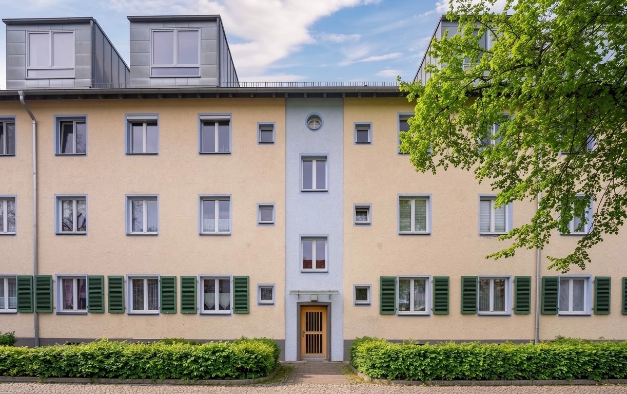 Wohnhaus mit drei Etagen, gelber Fassade, mehreren Fenstern und grünem Busch vor dem Eingang.