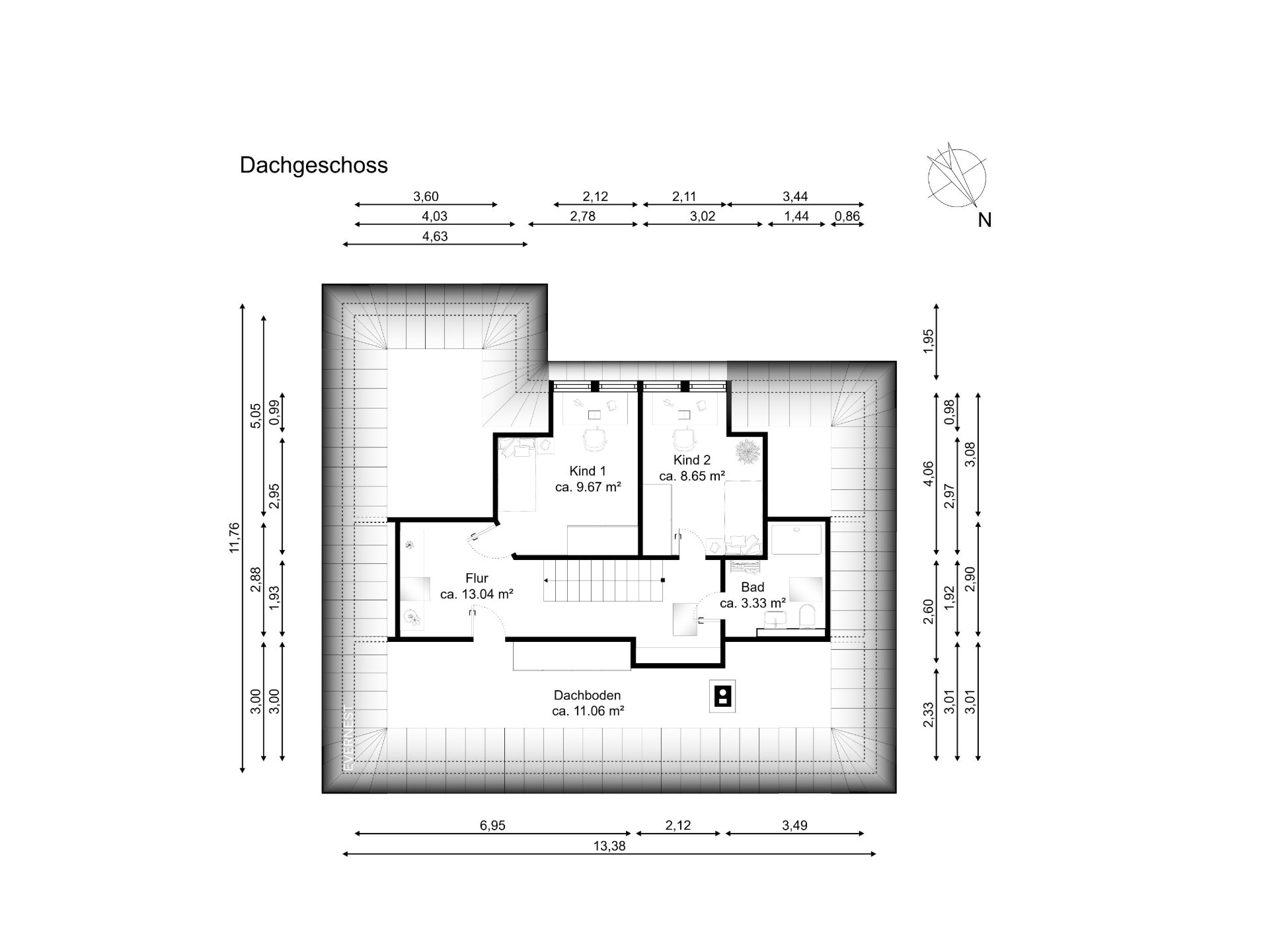 Grundriss des Dachgeschosses mit zwei Kinderzimmern, Bad, Flur und Dachboden.
