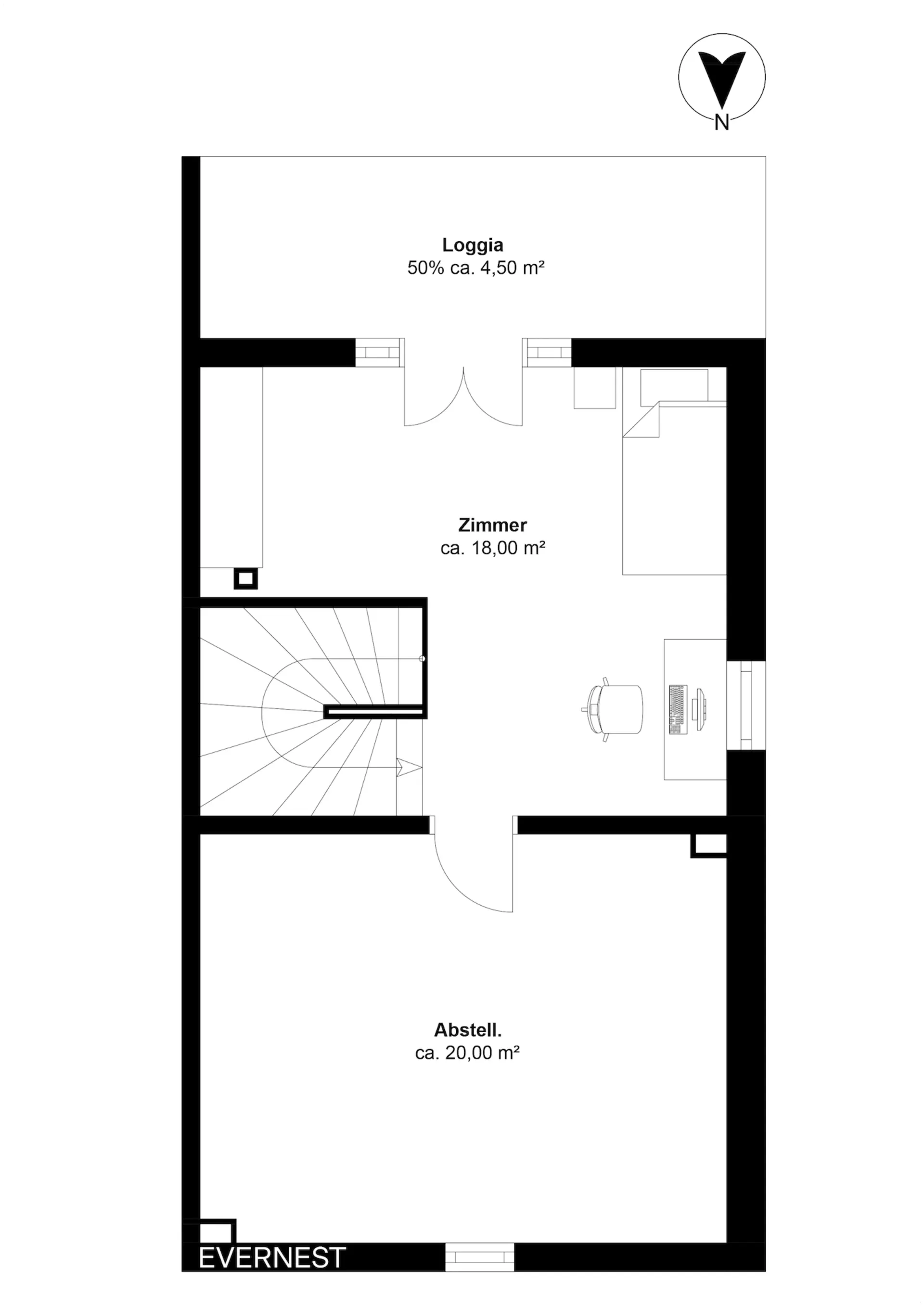 Grundriss mit Zimmer, Loggia und Abstellraum, Treppe in der unteren linken Ecke.
