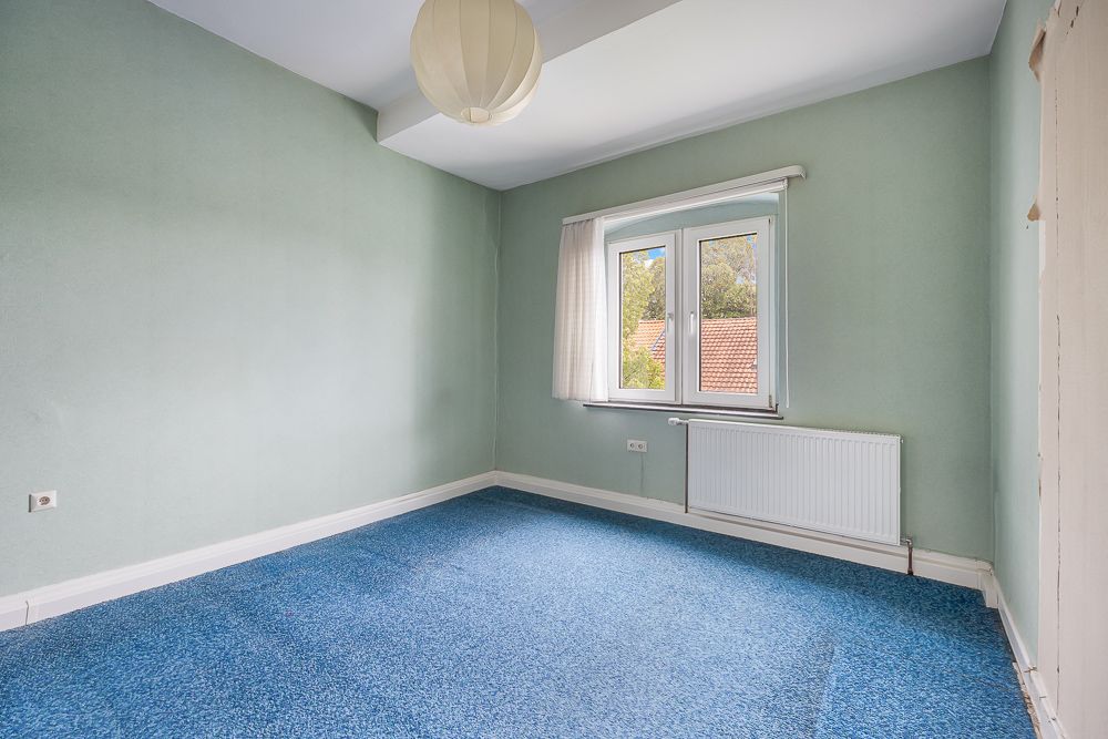Leeres Zimmer mit blauem Teppich, grünlichen Wänden und einem Fenster mit Blick nach draußen.