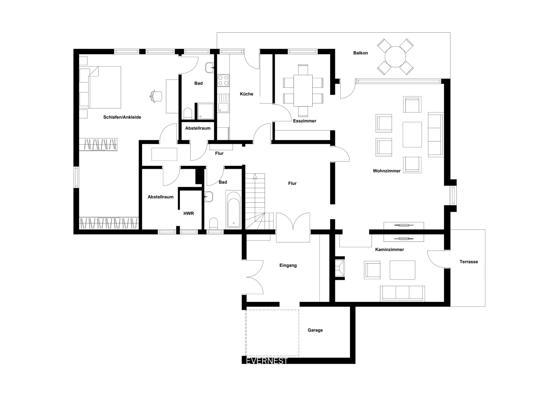 Grundriss eines Hauses mit Wohnzimmer, Schlafzimmer, Küche, Bad, Esszimmer, Kaminzimmer, Balkon und Garage.