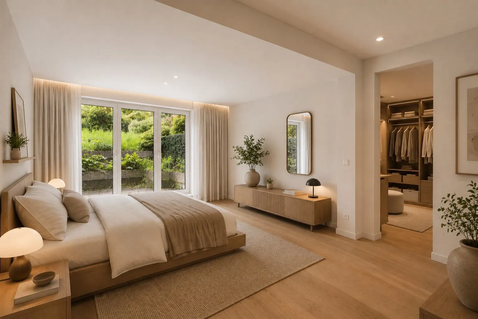 Modernes Schlafzimmer mit großem Bett, Holzfußboden und Zugang zu Ankleidezimmer und Garten.
