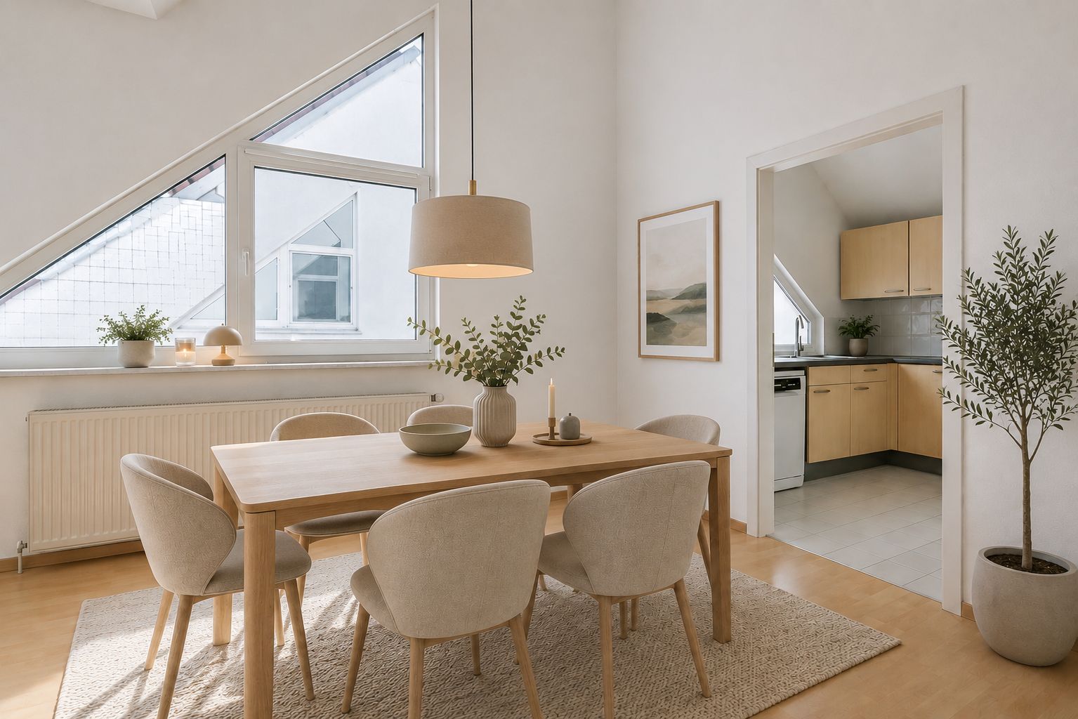 Helles Esszimmer mit Holztisch, sechs Stühlen und Blick in eine Küche mit Holzschränken.