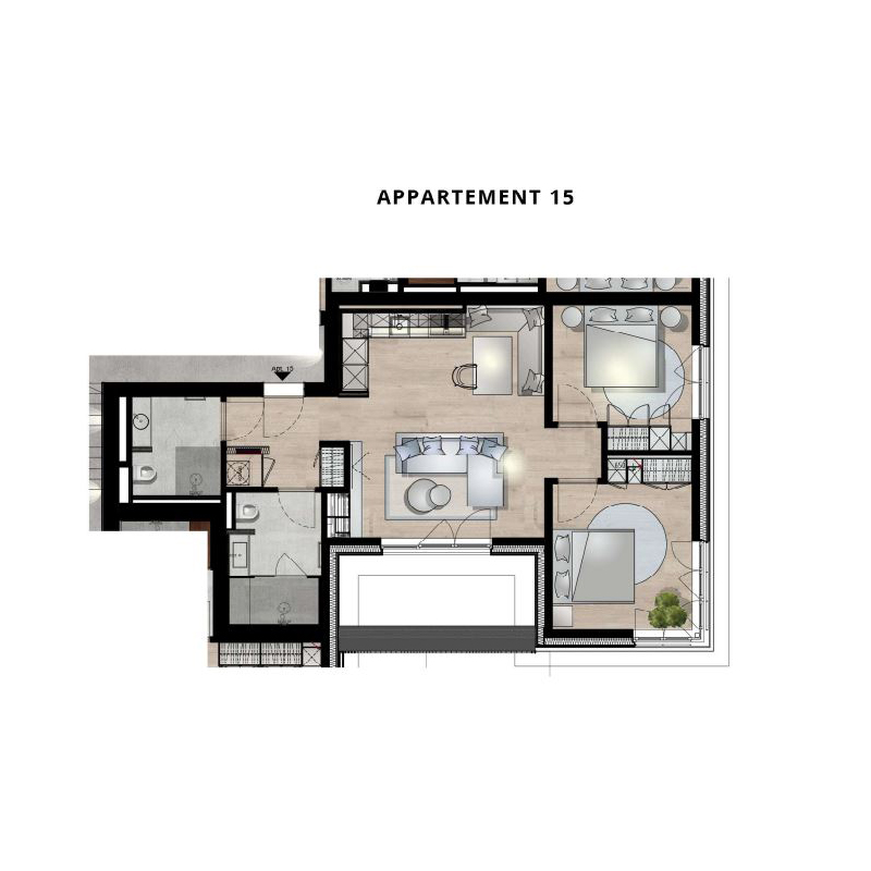 Grundriss einer Wohnung mit zwei Schlafzimmern, Wohnzimmer, Küche, zwei Bädern und Terrasse.
