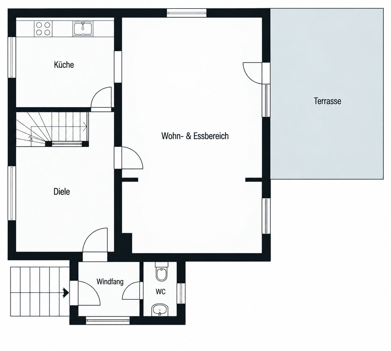 Grundriss mit Küche, Wohn-Essbereich, Diele, Windfang, WC und Terrasse.