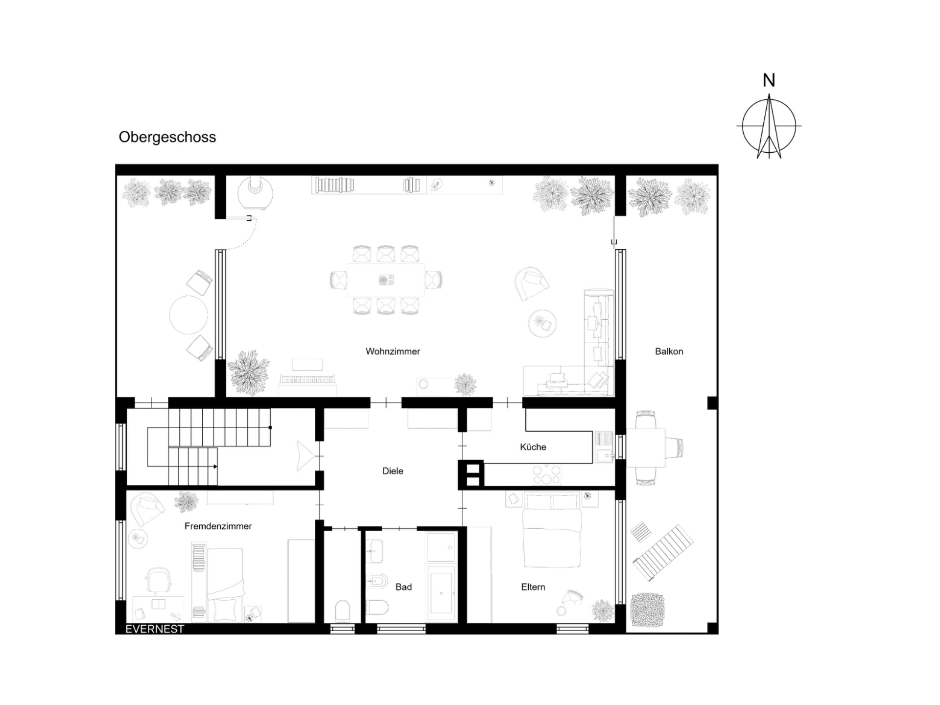 Grundriss des Obergeschosses mit Wohnzimmer, Küche, Bad, Elternzimmer, Gästezimmer und Balkon.