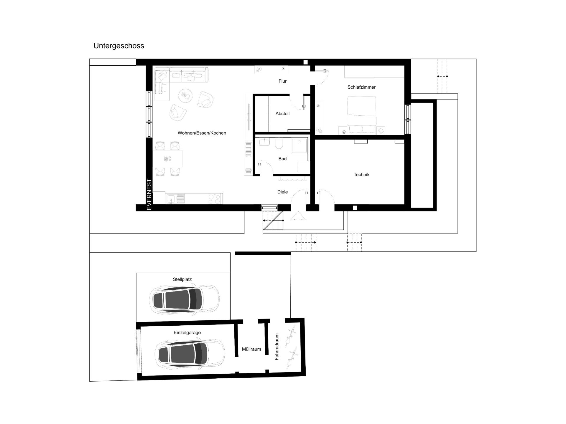 Grundriss eines Untergeschosses mit Wohnbereich, Schlafzimmer, Bad, Technikraum und Garage.