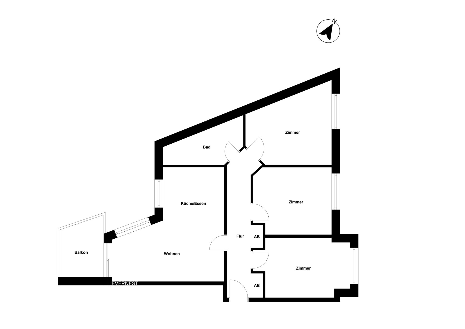 Grundriss einer Wohnung mit drei Zimmern, Bad, Küche, Flur, Wohnzimmer und Balkon.