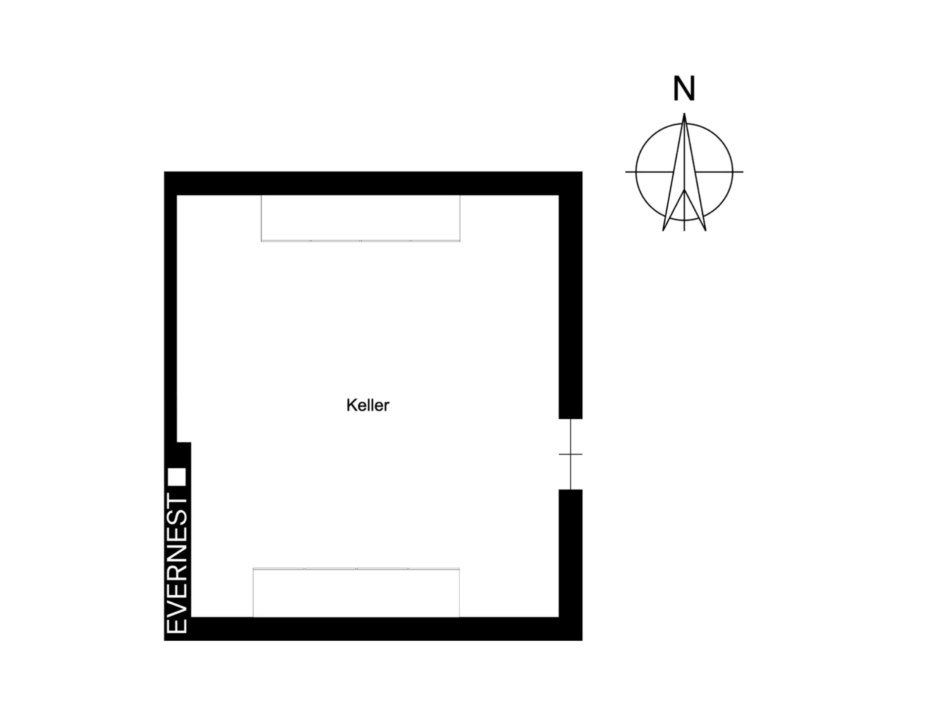 Grundriss eines einzelnen Kellers mit Kompassrose oben rechts.