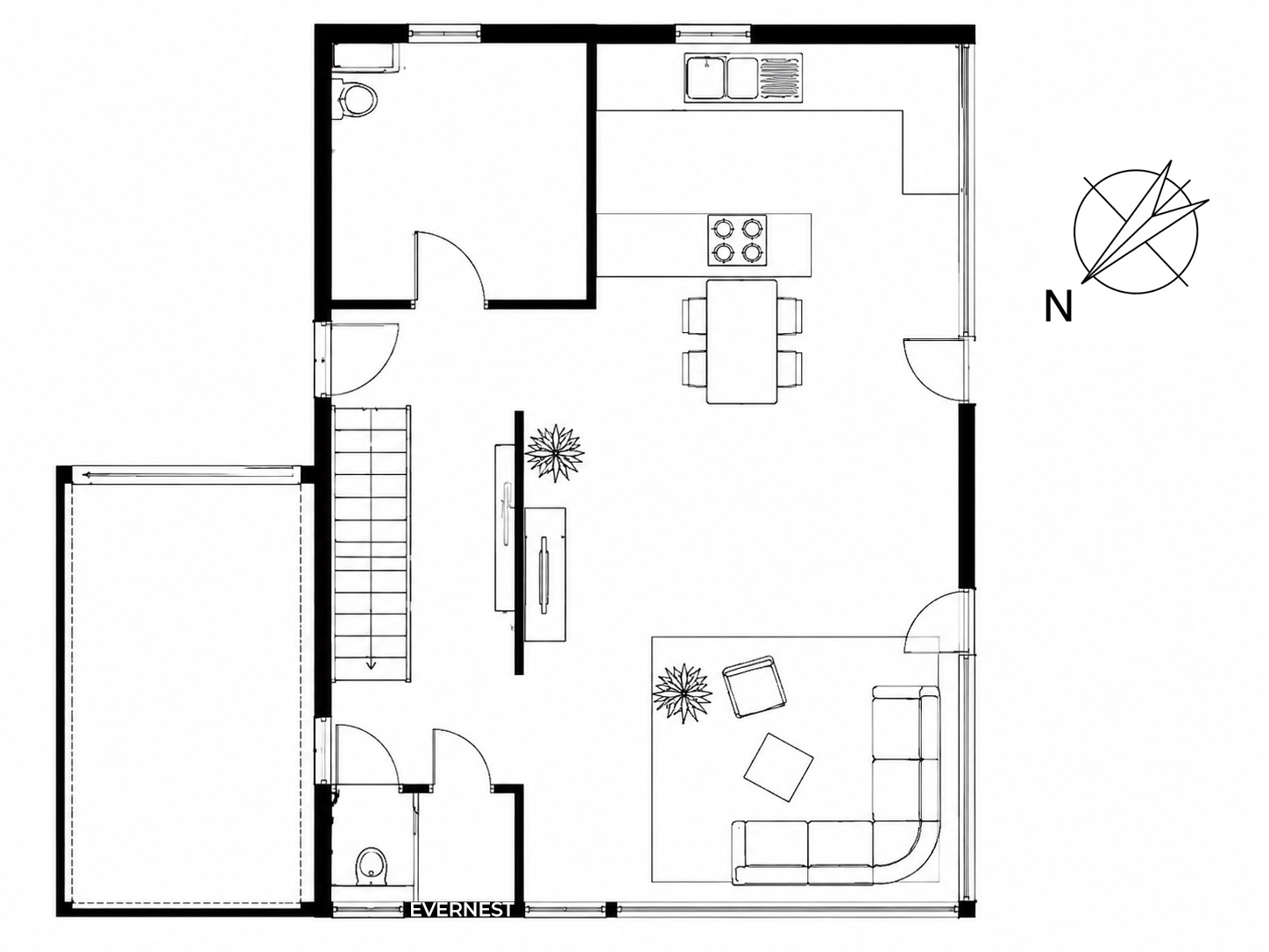 Grundriss eines Wohnbereichs mit Küche, Essplatz, Wohnzimmer, Bad und Treppe.