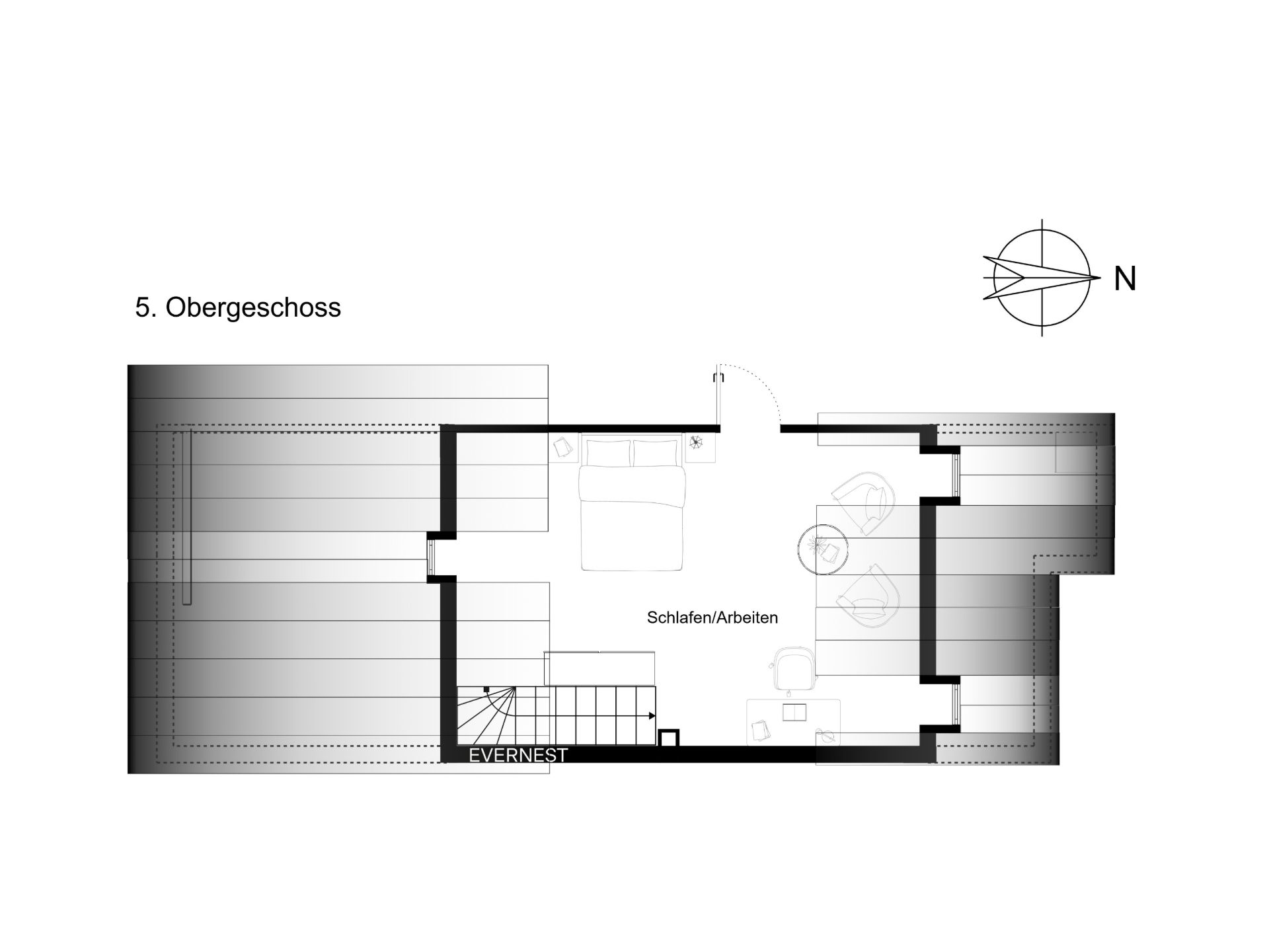 Grundriss des 5. Obergeschosses mit Schlaf- und Arbeitsbereich sowie Terrasse.