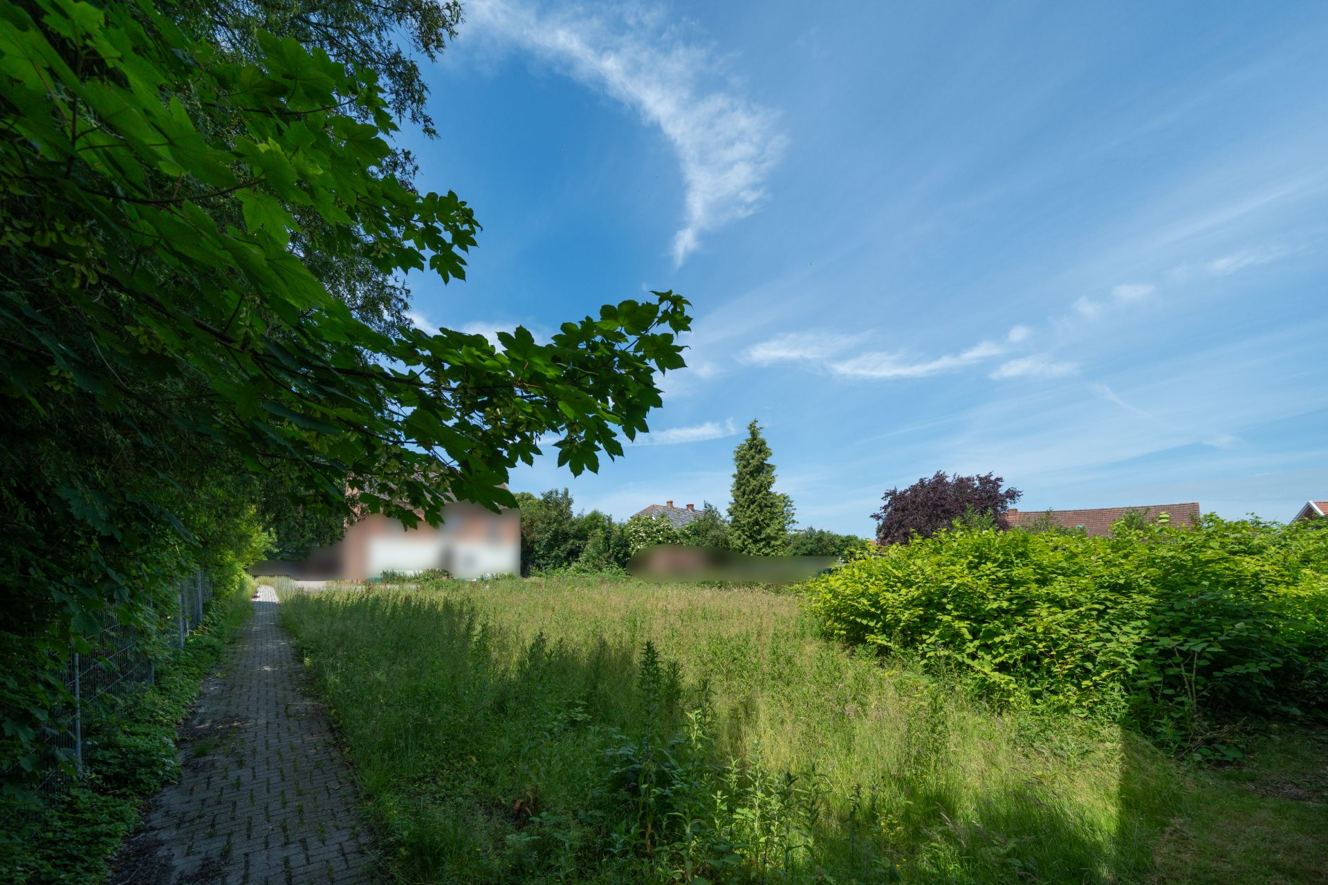 Grünes Grundstück mit Wiese und Gehweg, umgeben von Bäumen, einzelne Häuser im Hintergrund.