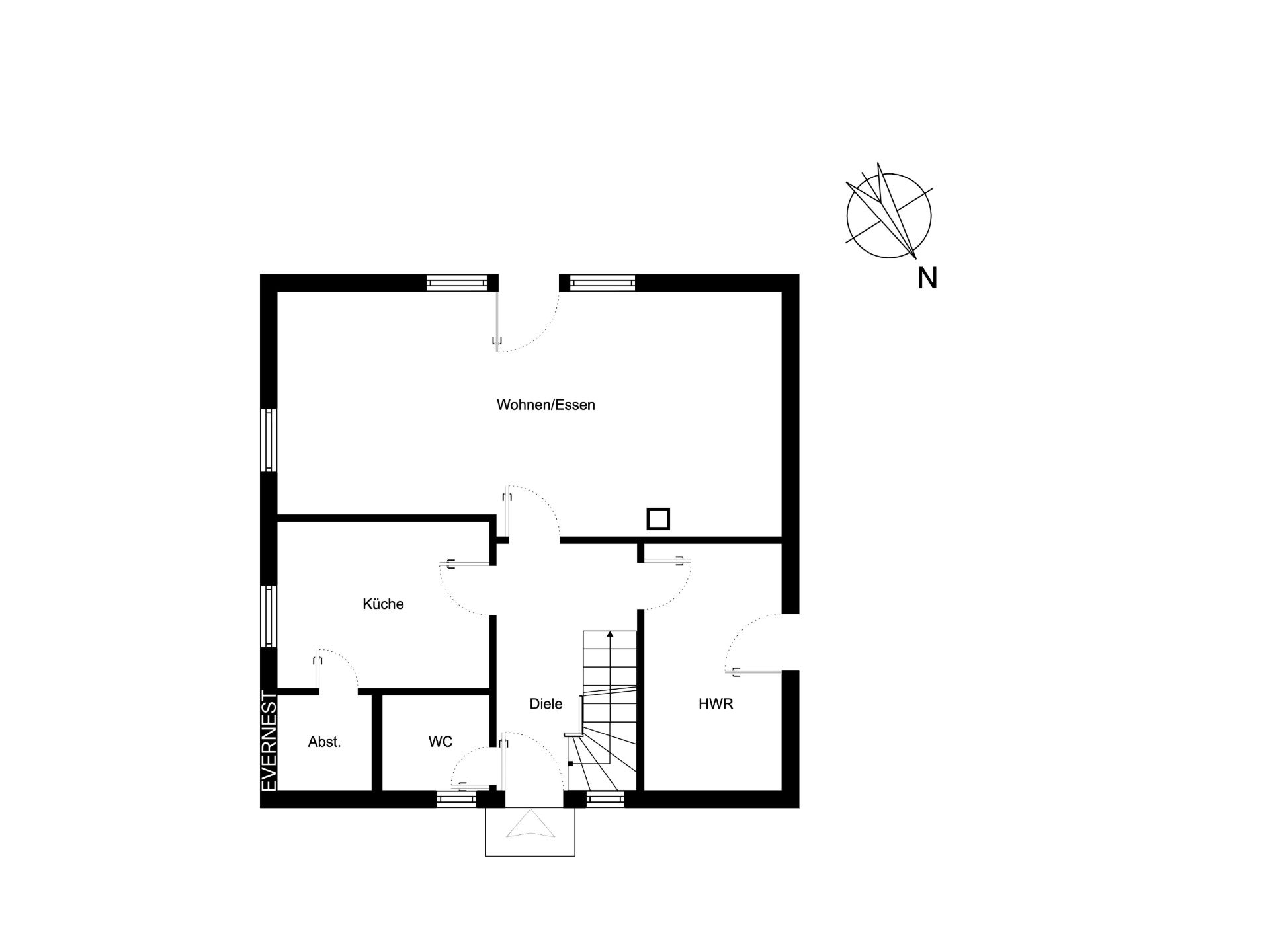 Grundriss eines Wohnhauses mit Küche, WC, Diele, HWR und Wohn-/Essbereich.