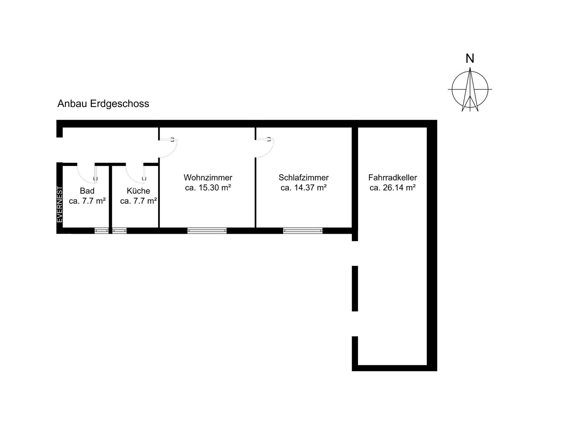 Grundriss mit Bad, Küche, Wohnzimmer, Schlafzimmer und Fahrradkeller im Erdgeschoss.
