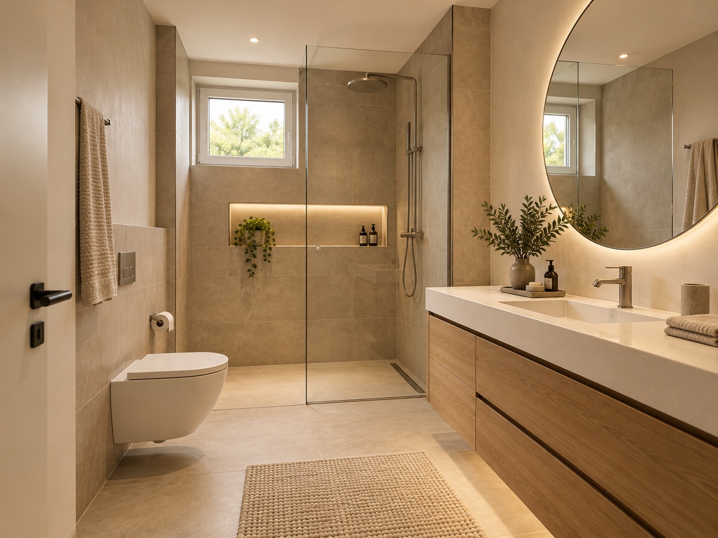 Modernes Badezimmer mit großer Dusche, rundem Spiegel, Holzwaschtisch und Fenster.