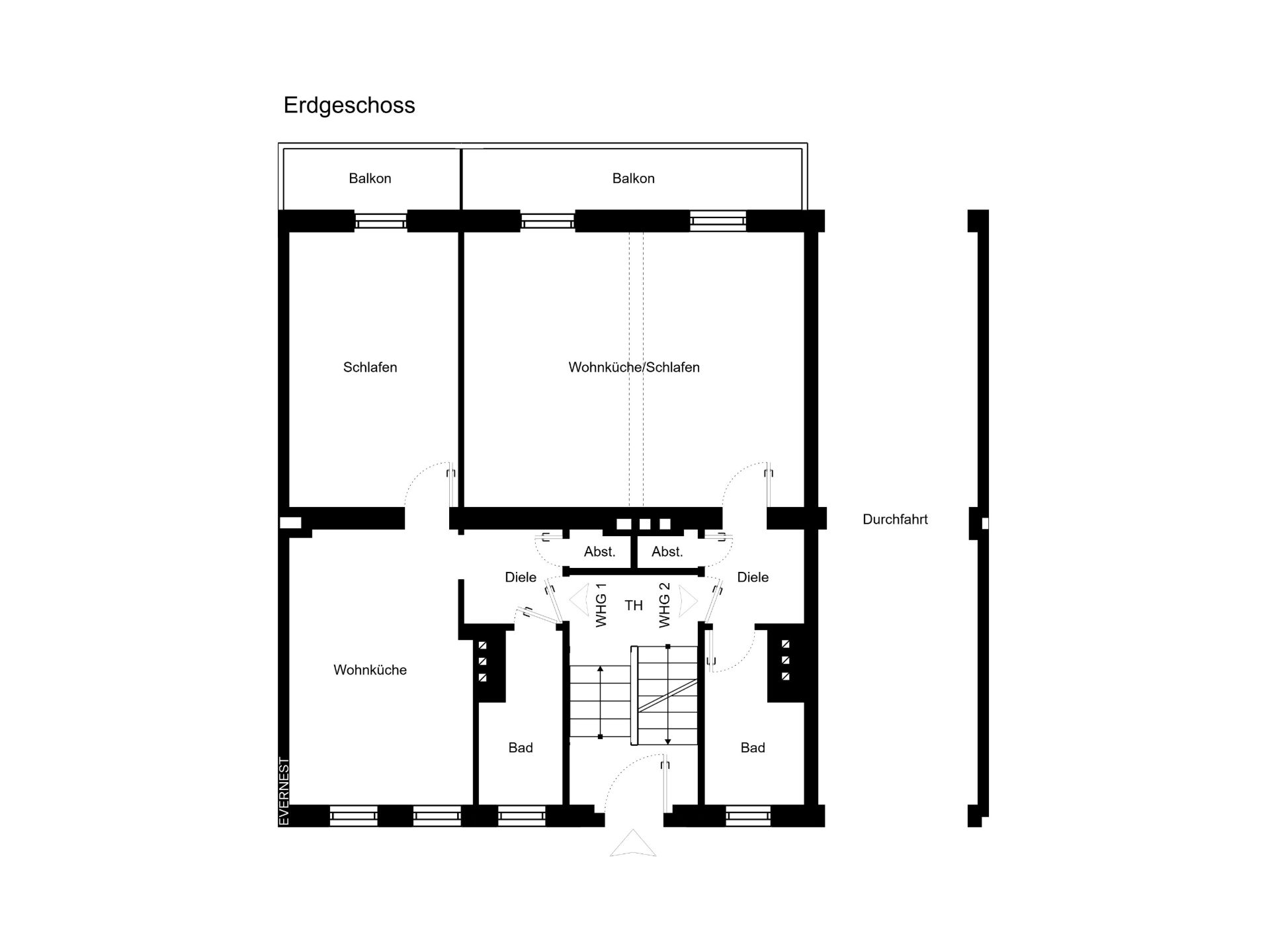 Grundriss des Erdgeschosses mit Wohnküche, Schlafzimmer, Bädern und zwei Balkonen.