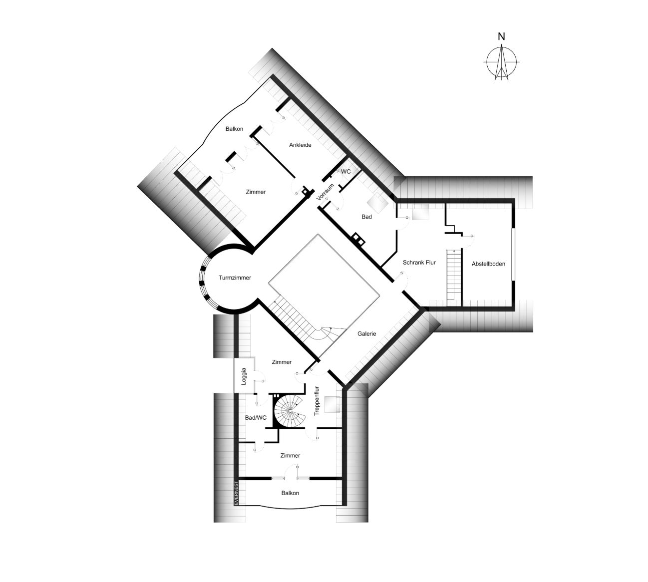 Grundriss eines Wohnhauses mit mehreren Zimmern, Bädern, Balkonen und einem Turmzimmer.