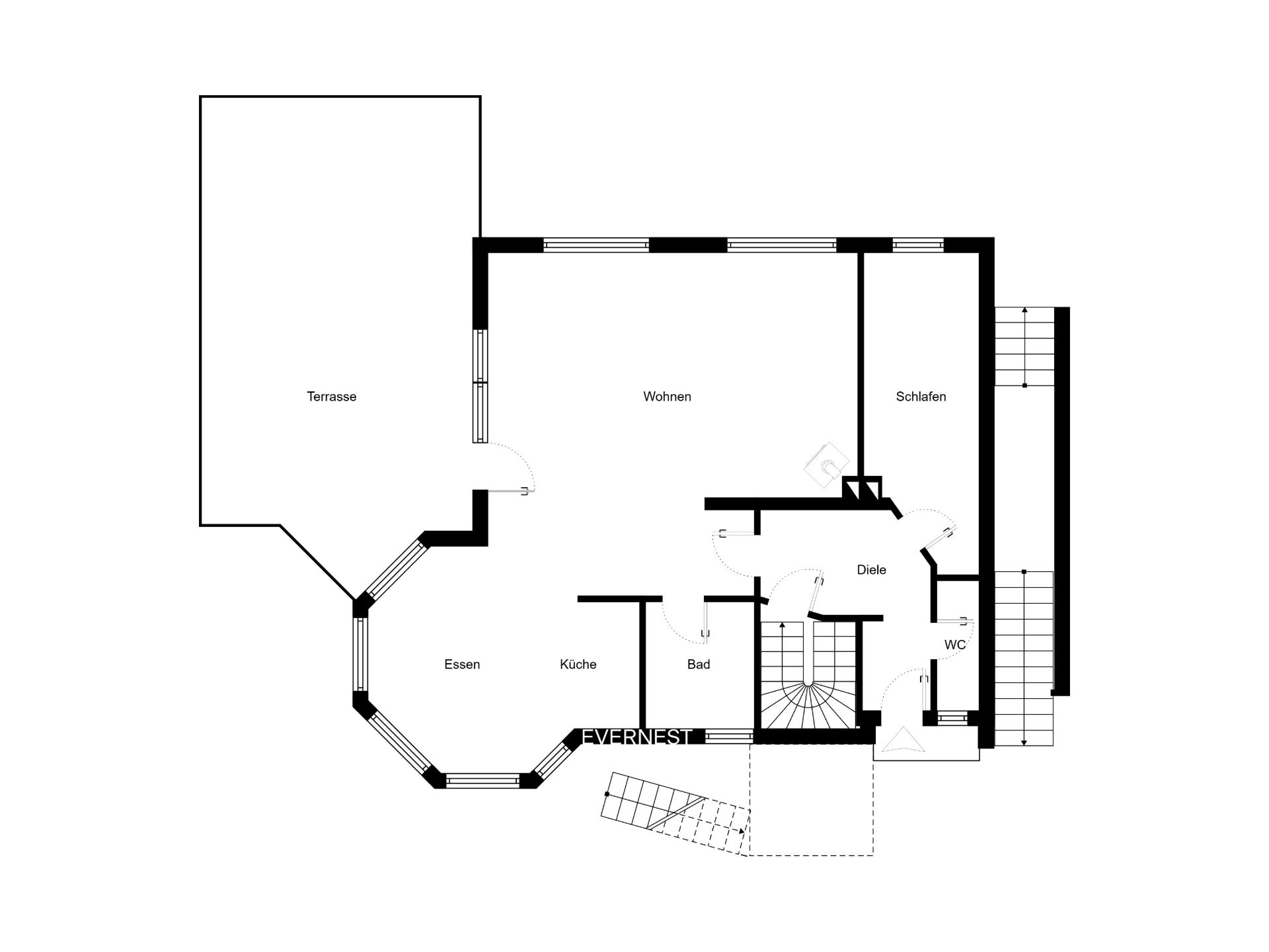 Grundriss mit Terrasse, Wohn-, Schlaf-, Esszimmer, Küche, Bad und WC.