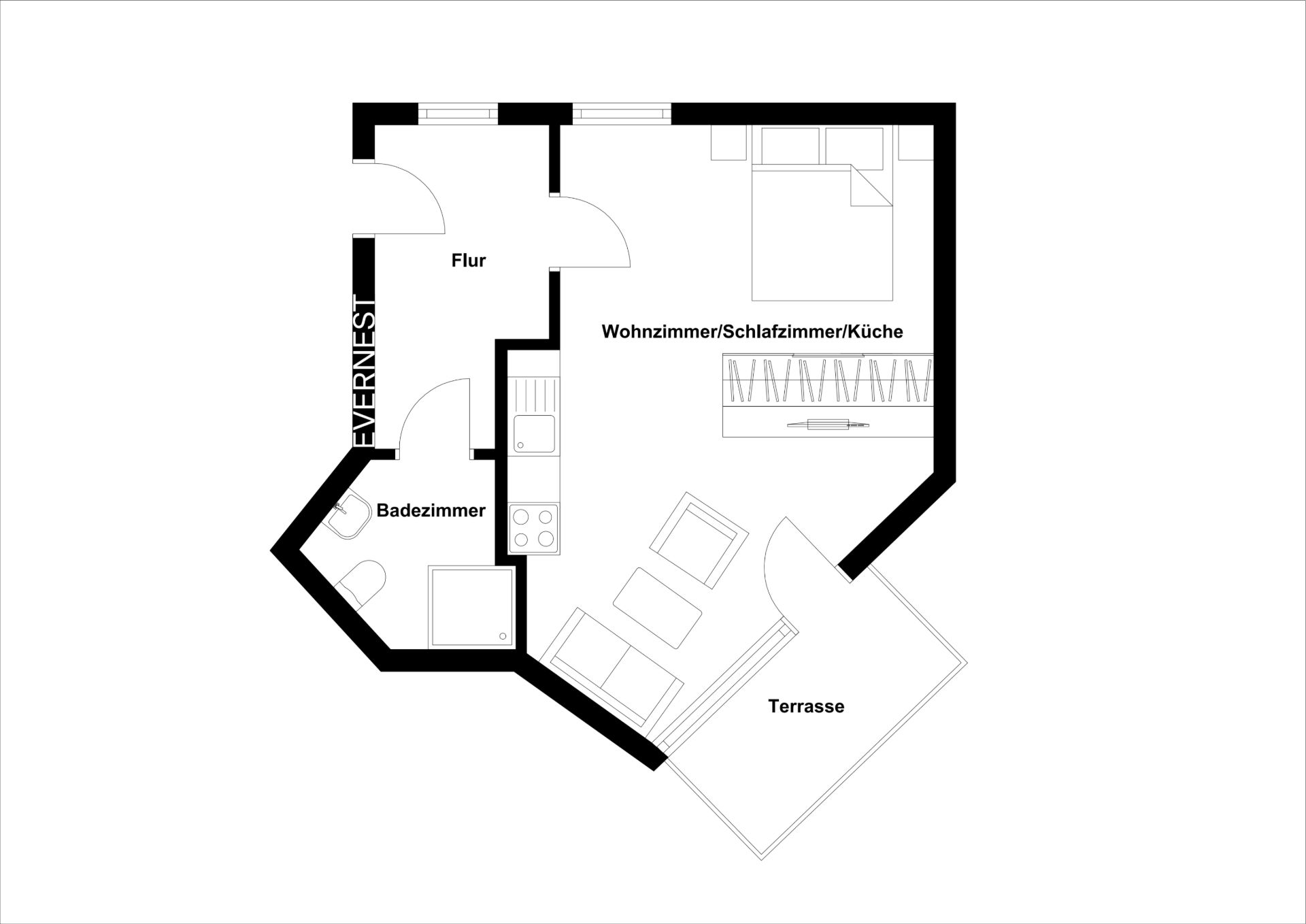 Grundriss einer Wohnung mit Wohnzimmer, Küche, Badezimmer, Flur und Terrasse.