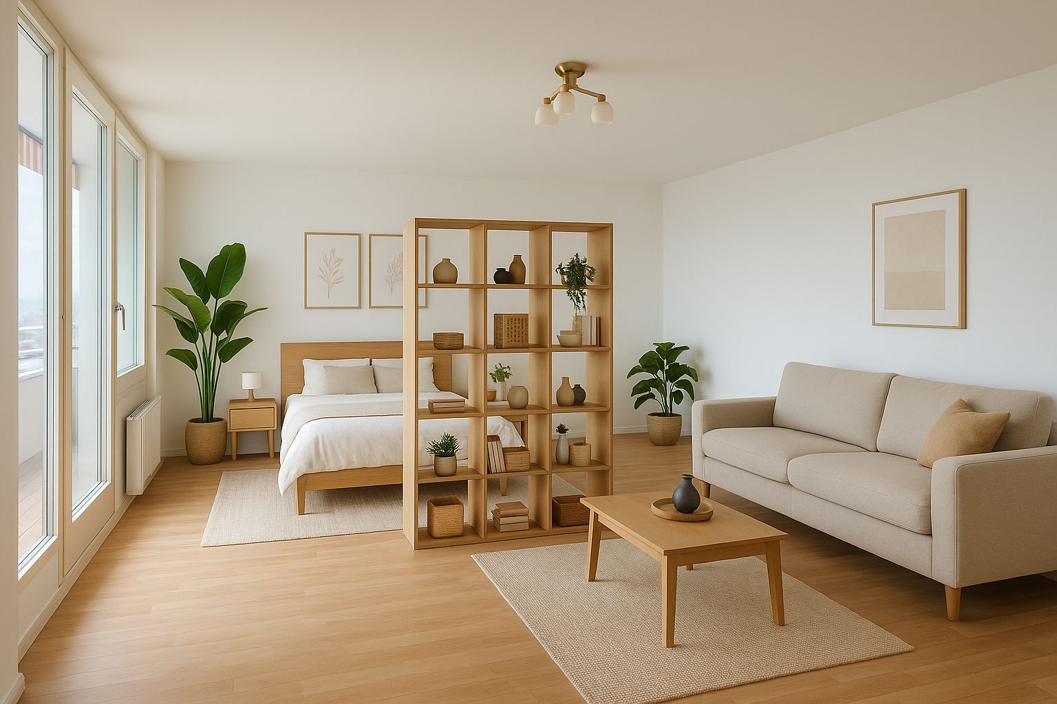 Helles Wohn- und Schlafzimmer mit Holzregal, Bett, Sofa, Couchtisch und Zimmerpflanzen.
