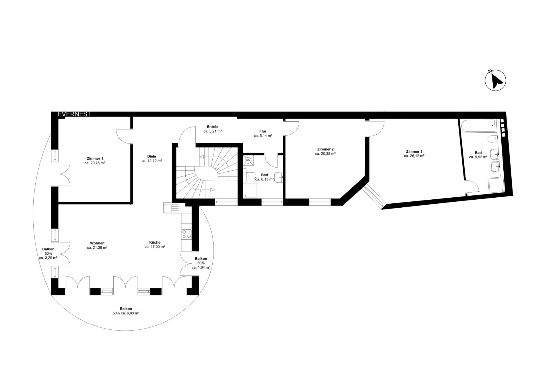 Grundriss einer Wohnung mit mehreren Zimmern, Küche, Bädern und Balkonen.