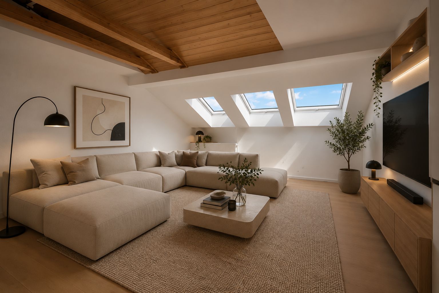 Helles Wohnzimmer mit großer Eckcouch, Couchtisch und Dachfenstern unter Holzdecke.