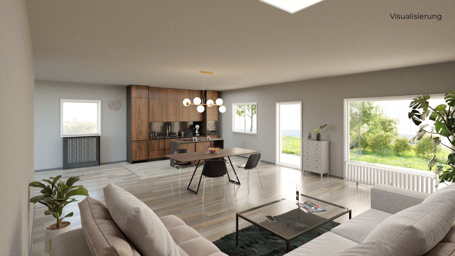 Helles Wohnzimmer mit Küche, Esstisch, Sofa und großen Fenstern zum Garten.