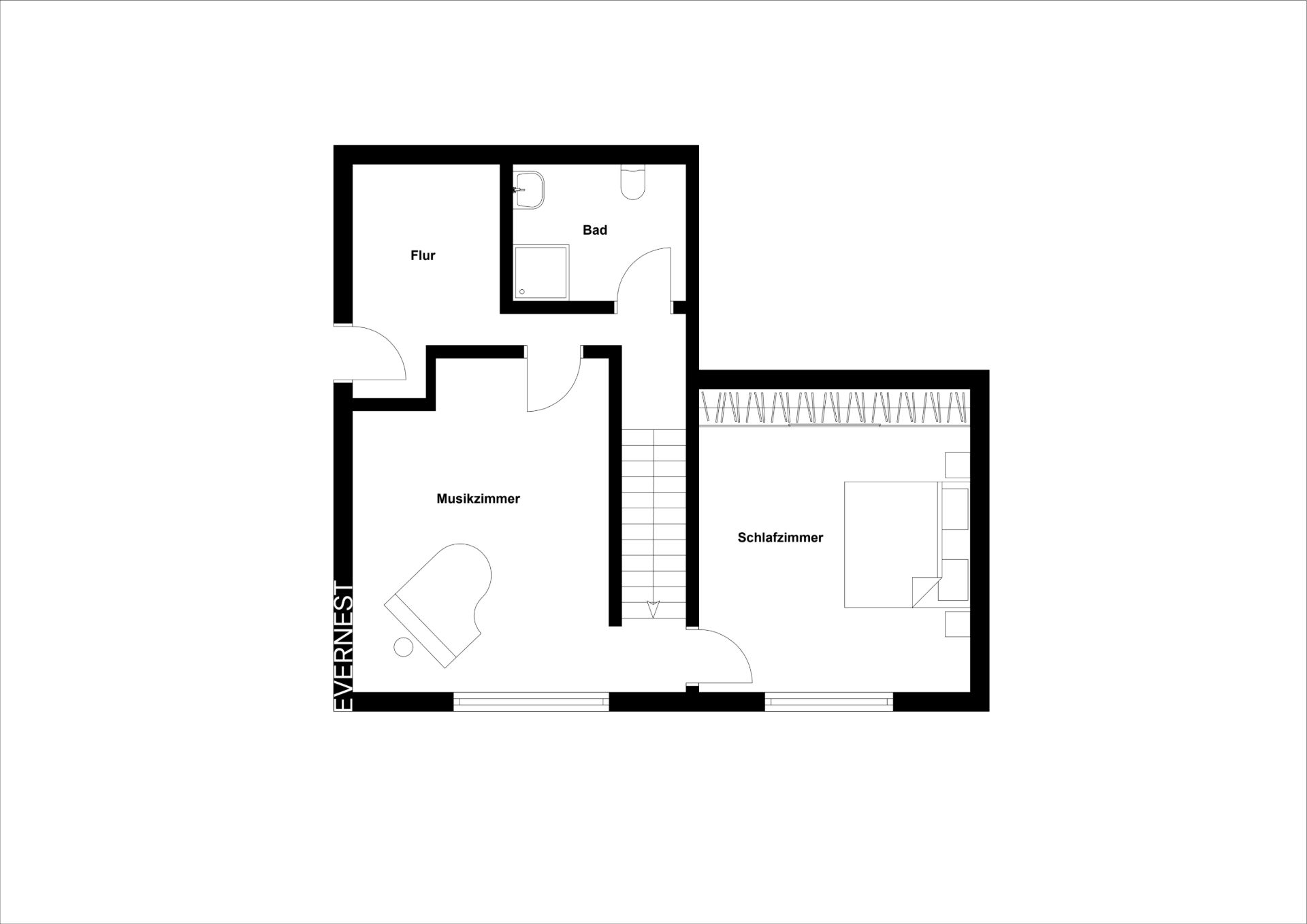 Grundriss mit Musikzimmer, Schlafzimmer, Bad und Flur.