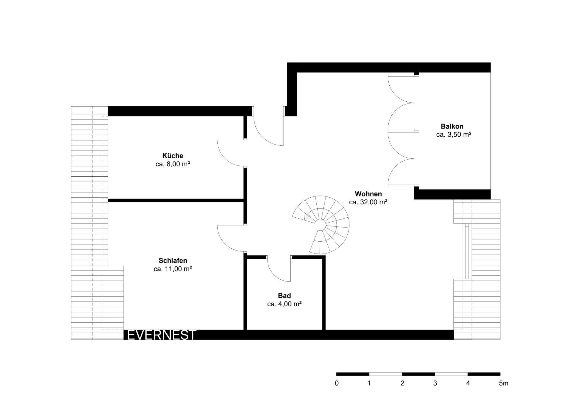 Grundriss mit Küche, Schlafzimmer, Bad, Wohnzimmer und Balkon, Flächenangaben in Quadratmetern.