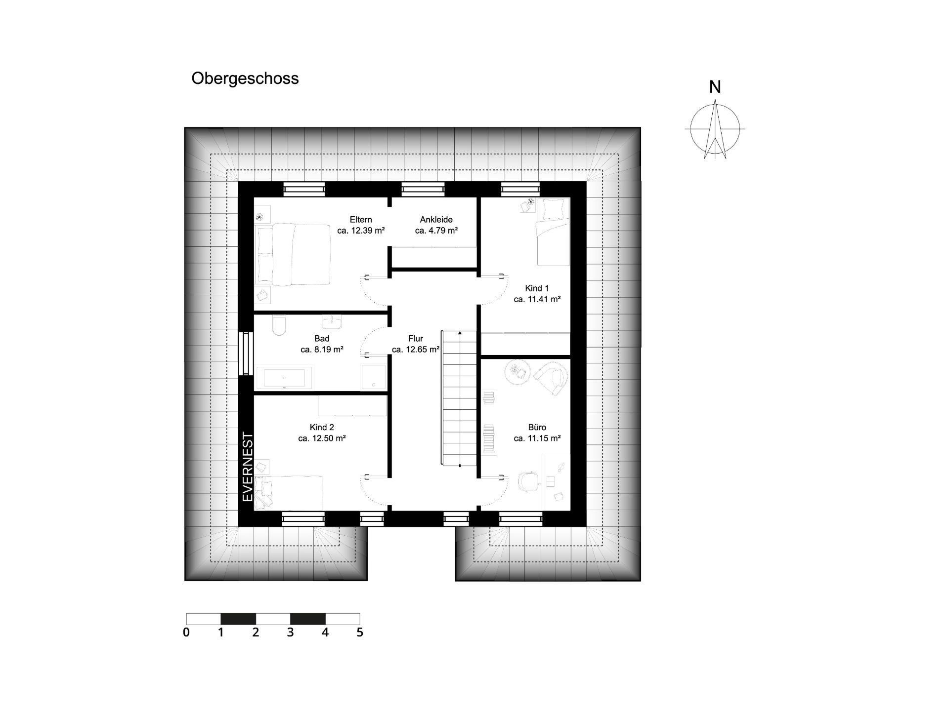 Grundriss des Obergeschosses mit Schlafzimmer, zwei Kinderzimmern, Bad, Büro, Ankleide und Flur.