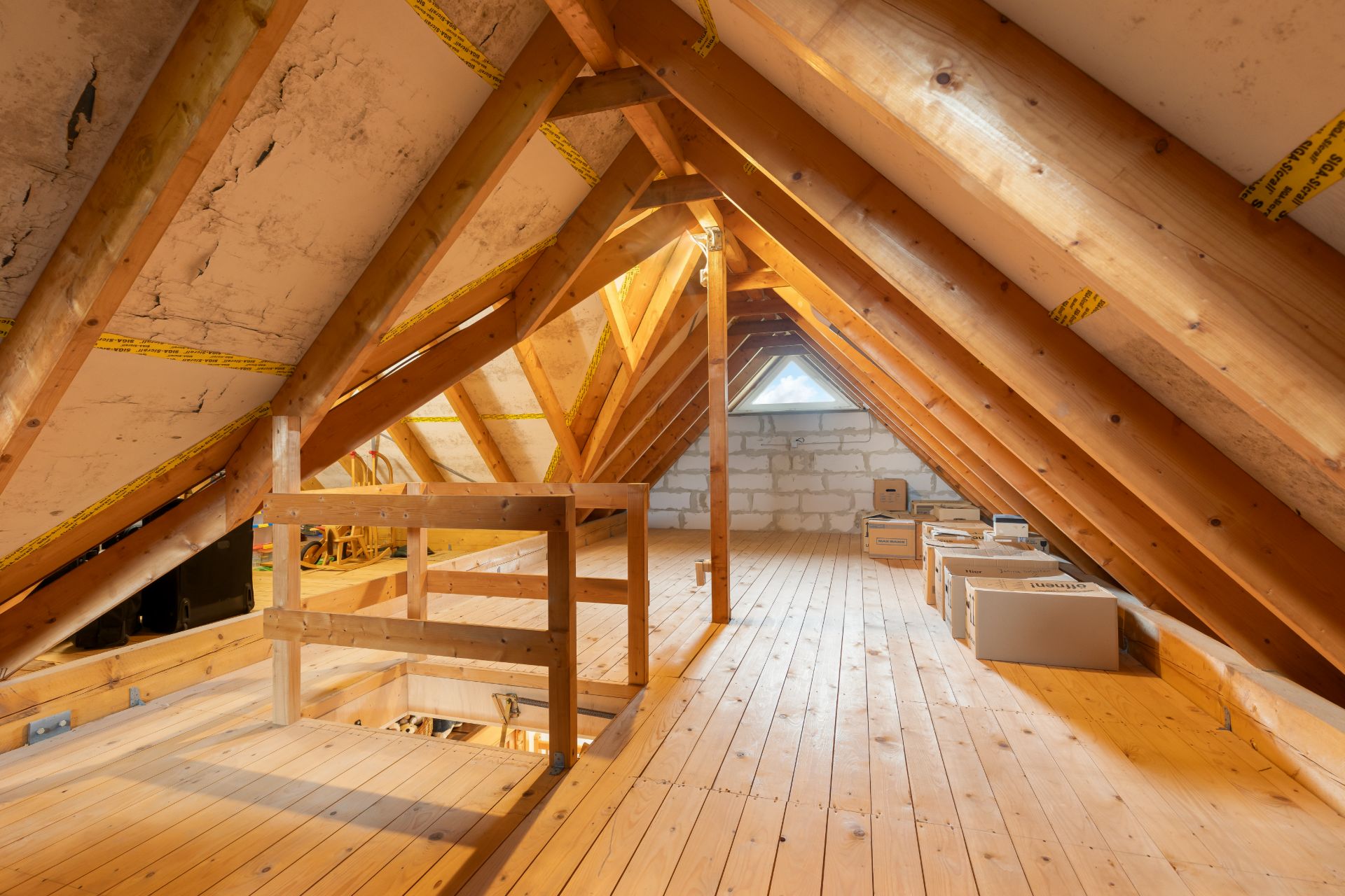 Ausgebauter Dachboden mit Holzbalken, Holzboden und einigen Kartons entlang der Wand.