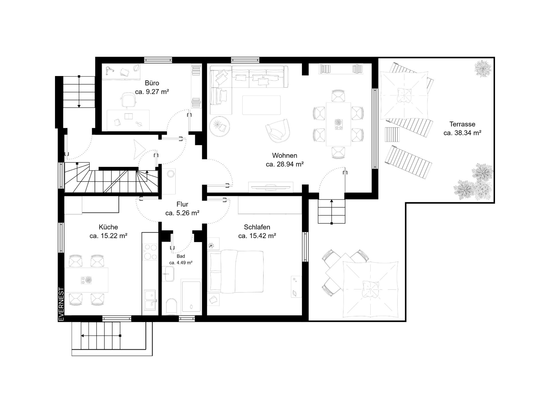 Grundriss einer Wohnung mit Küche, Bad, Büro, Schlafzimmer, Wohnzimmer und Terrasse.