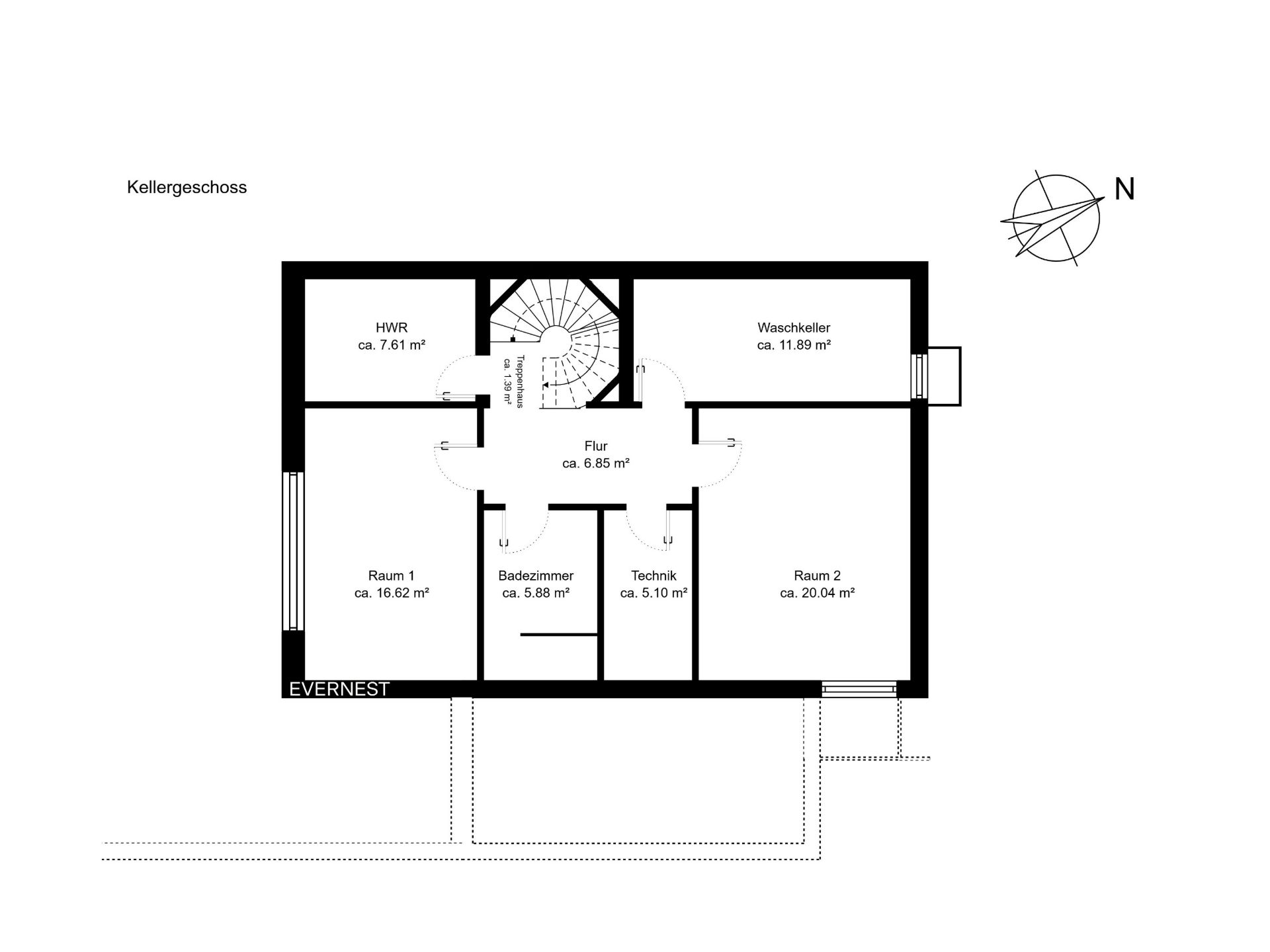 Grundriss des Kellergeschosses mit mehreren Räumen, Flur, Badezimmer und Technikraum.