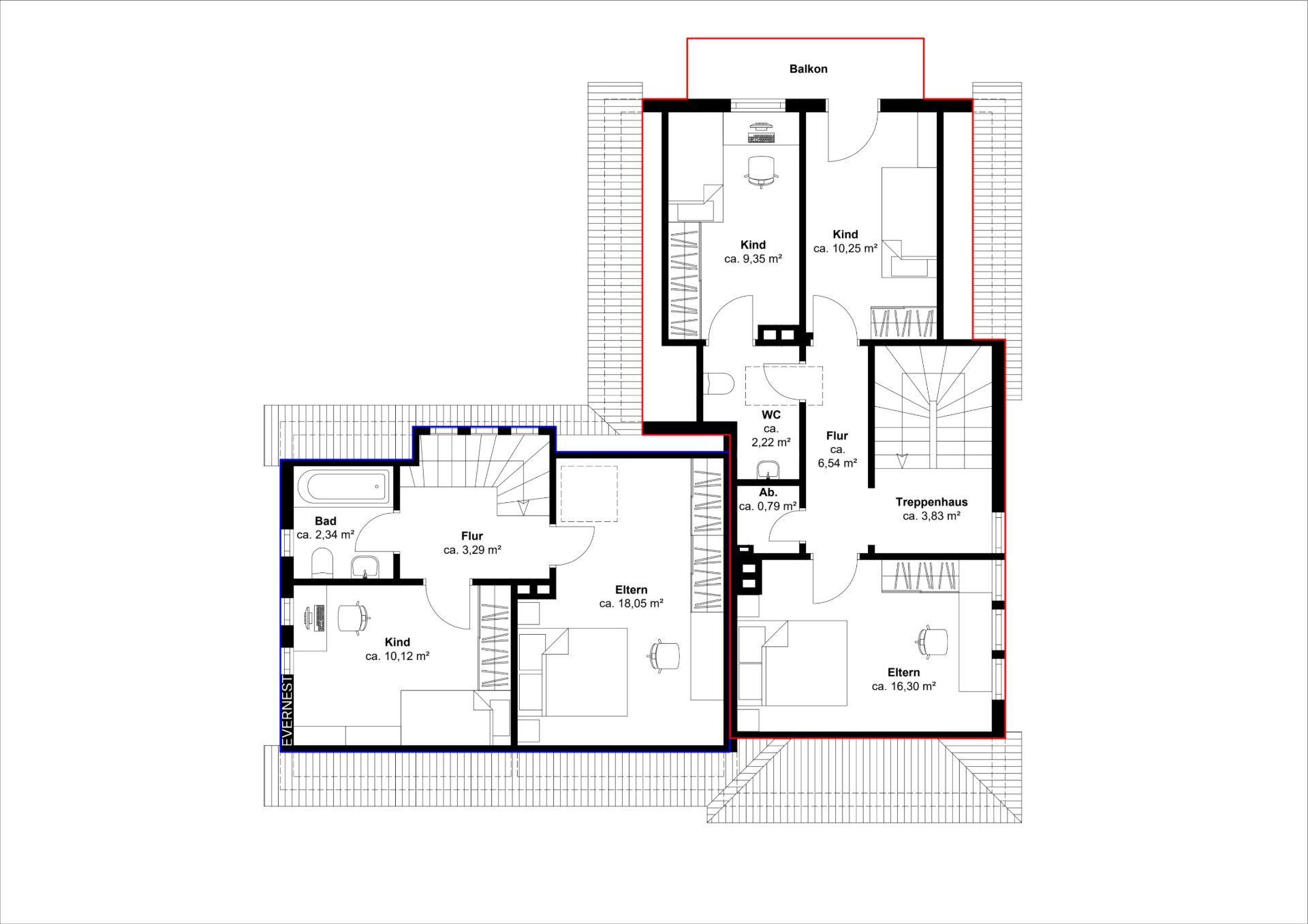 Grundriss eines Wohnhauses mit mehreren Schlafzimmern, Fluren, Badezimmer und Balkon.