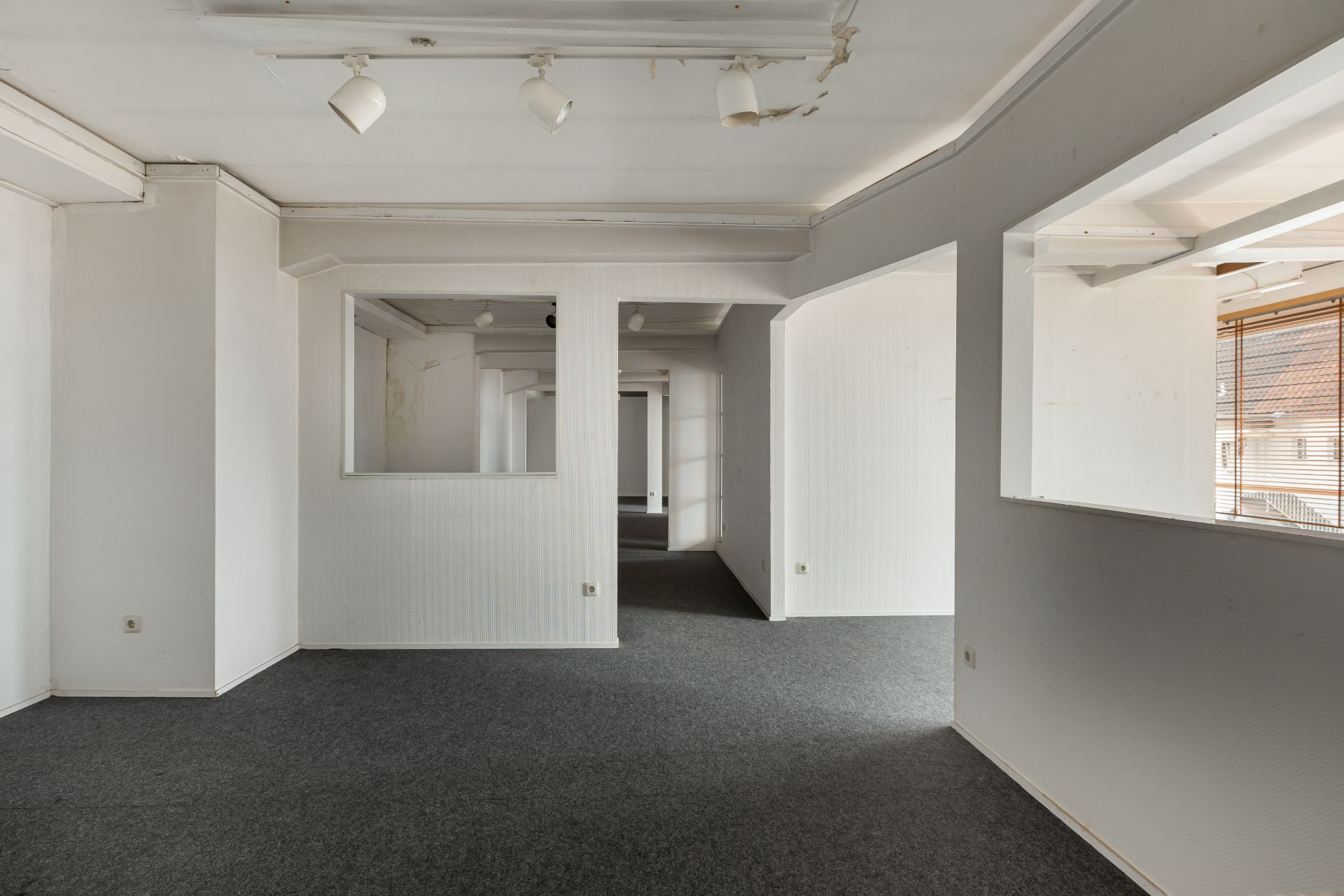 Heller Raum mit weißen Wänden, Teppichboden und großen Fensteröffnungen.