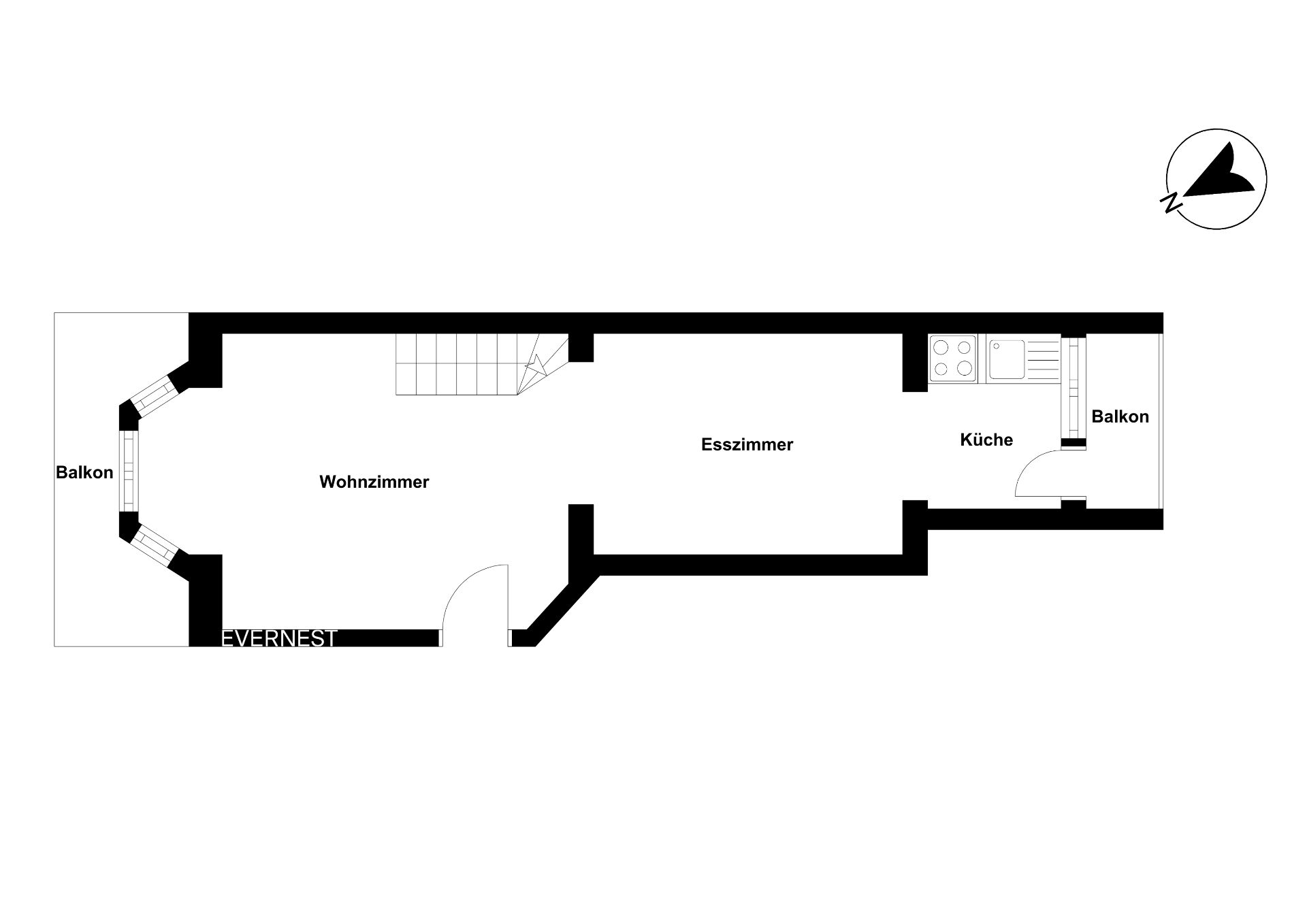 Grundriss mit Wohnzimmer, Esszimmer, Küche und zwei Balkonen.