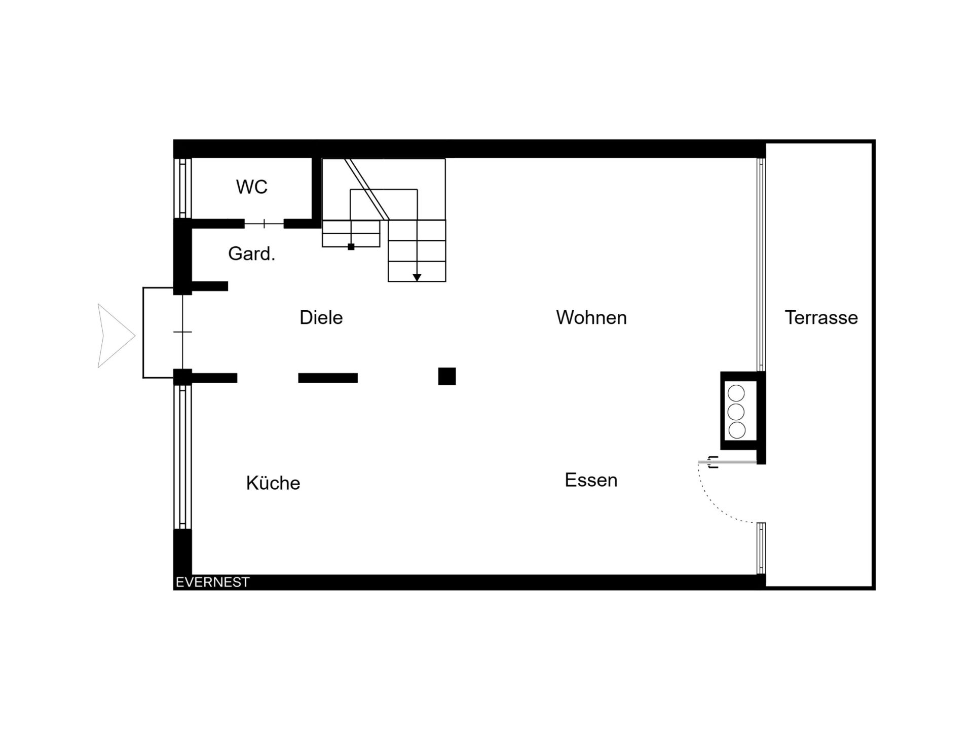 Grundriss mit Küche, Essbereich, Wohnzimmer, Diele, WC, Garderobe und Terrasse.