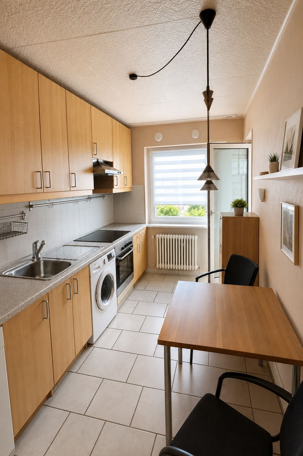 Kleine Küche mit Holzmöbeln, Esstisch, Stühlen, Waschmaschine, Herd und Fenster.