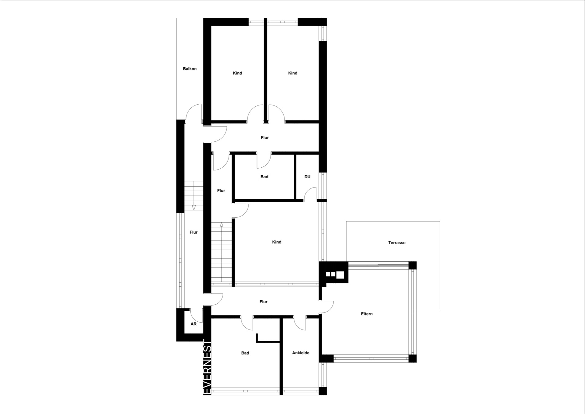 Grundriss einer Wohnung mit mehreren Schlafzimmern, Bädern, Fluren, Balkon und Terrasse.