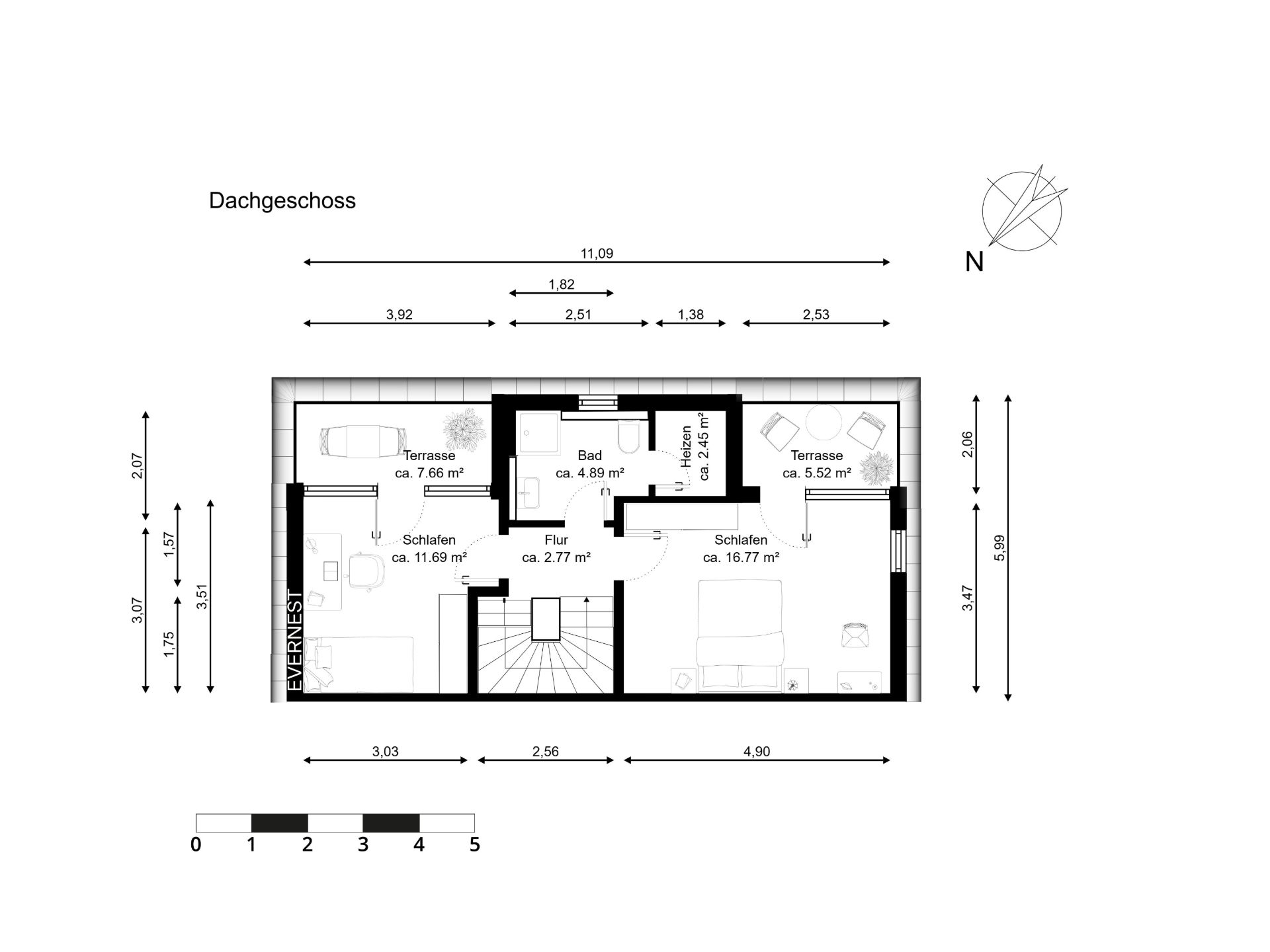 Grundriss eines Dachgeschosses mit zwei Schlafzimmern, Bad, Flur und zwei Terrassen.