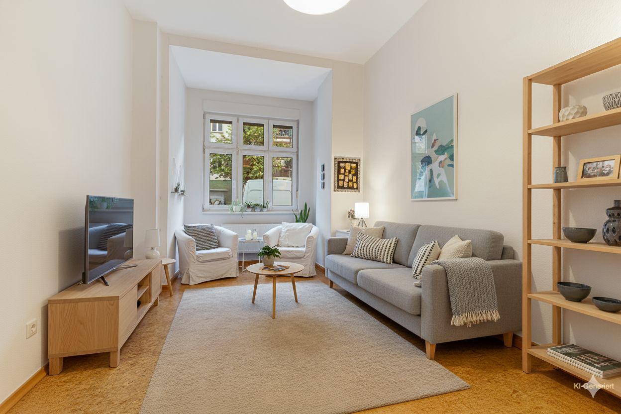 Helles Wohnzimmer mit Sofa, zwei Sesseln, Couchtisch, Regal und großem Fenster.